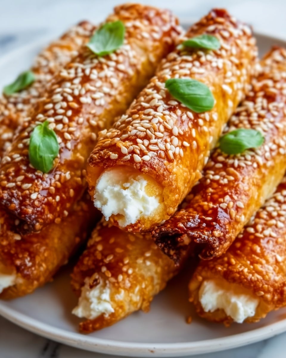 The image shows several golden brown pastry rolls arranged tightly on a white plate, each roll topped with red chili flakes and a shiny glaze. One roll is sliced open, revealing a creamy white cheese filling with specks of green herbs inside. A small bowl of dark brown dipping sauce with red chili pieces sits beside the pastries. The background is a white marbled surface. photo taken with an iphone --ar 4:5 --v 7