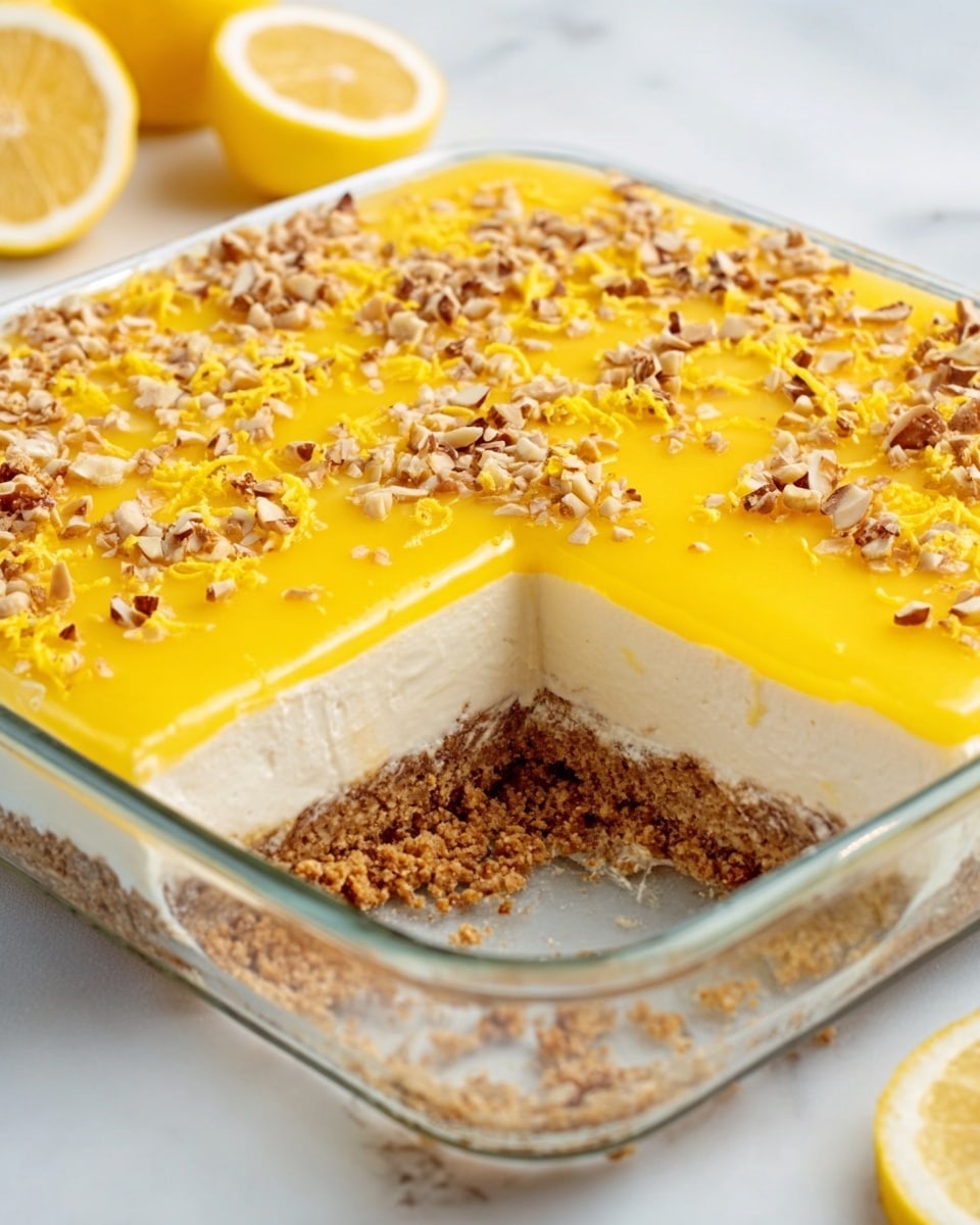 The image shows a square glass dish filled with a layered dessert. The bottom layer is crumbly and brown, resembling crushed nuts or biscuits. Above it, there is a thick, smooth creamy white layer. The top layer is bright yellow and shiny, covered with small almond pieces scattered evenly. One piece of the dessert is missing from the corner, revealing the clear division of all three layers. The dish is placed on a white marbled surface with some lemon slices in the background. Photo taken with an iphone --ar 4:5 --v 7