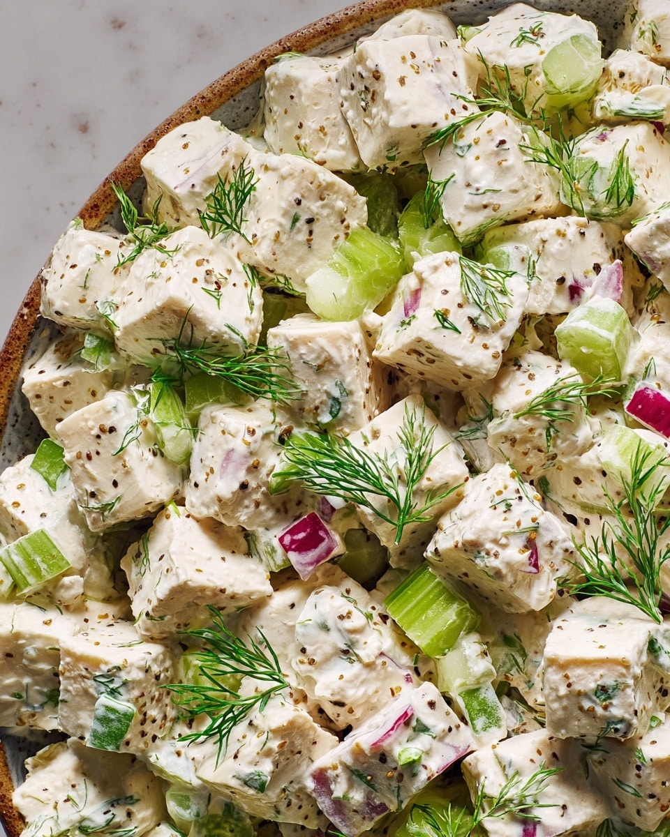 The image shows a close-up of a creamy salad with several layers of small, uneven white cubes coated in a thick, pale dressing. Mixed in are small pieces of bright green celery with a ridged texture, tiny cubes of red onion, and scattered sprigs of fresh green dill adding fine, feathery details. The dressing has visible mustard seeds and specks of black pepper, creating texture contrast throughout the dish. The salad appears fresh and well-mixed, with the elements evenly spread. Photo taken with an iphone --ar 4:5 --v 7