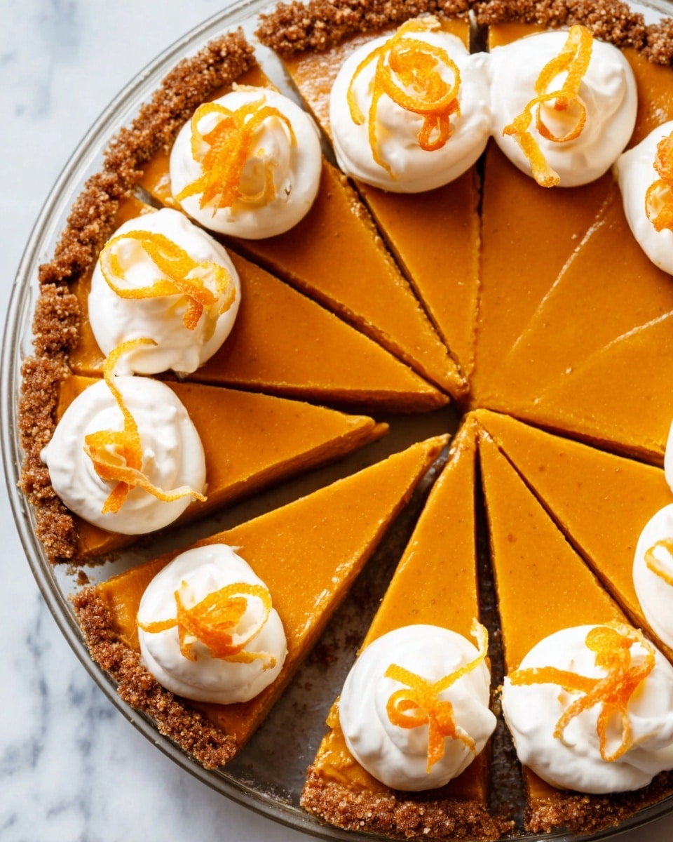 A round pumpkin pie with a brown crumb crust sits on a white marbled surface. The pie is cut into eight even slices. Each slice has a dollop of white whipped cream near the edge, and on top of each whipped cream dollop is a small orange peel curl. The pumpkin filling is smooth and has a bright orange color. Photo taken with an iphone --ar 4:5 --v 7