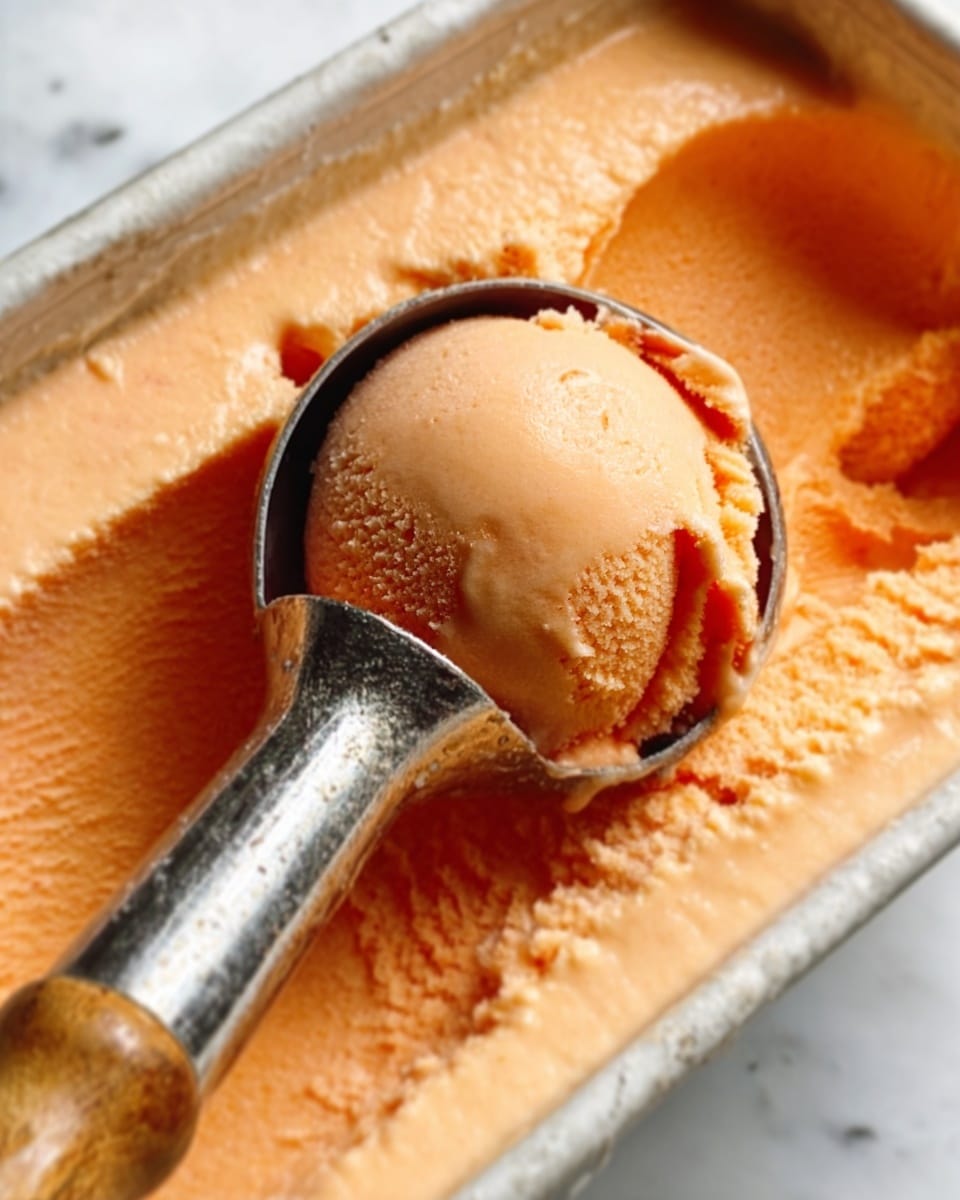 The image shows three scoops of bright orange sorbet placed closely together in a white bowl. Each scoop looks smooth with small bits of uneven texture that make it look fresh and natural. On top of the scoops, there are a few fresh green mint leaves neatly placed as decoration. The bowl is sitting on a white marbled surface, adding a clean and elegant look to the whole scene. The colors of the orange sorbet and green mint leaves stand out well against the simple white bowl and background. photo taken with an iphone --ar 4:5 --v 7