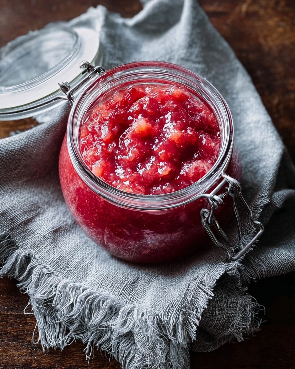A clear glass jar filled with thick, chunky pink and red rhubarb jam sits open on a round white plate. The jam has a textured surface with visible pieces of rhubarb inside. To the side of the jar, a silver spoon with some jam on it rests on the plate. The plate is on a woven gray cloth, and there are fresh rhubarb stalks with green leaves in the background. The whole setup is on a white marbled textured surface. photo taken with an iphone --ar 4:5 --v 7
