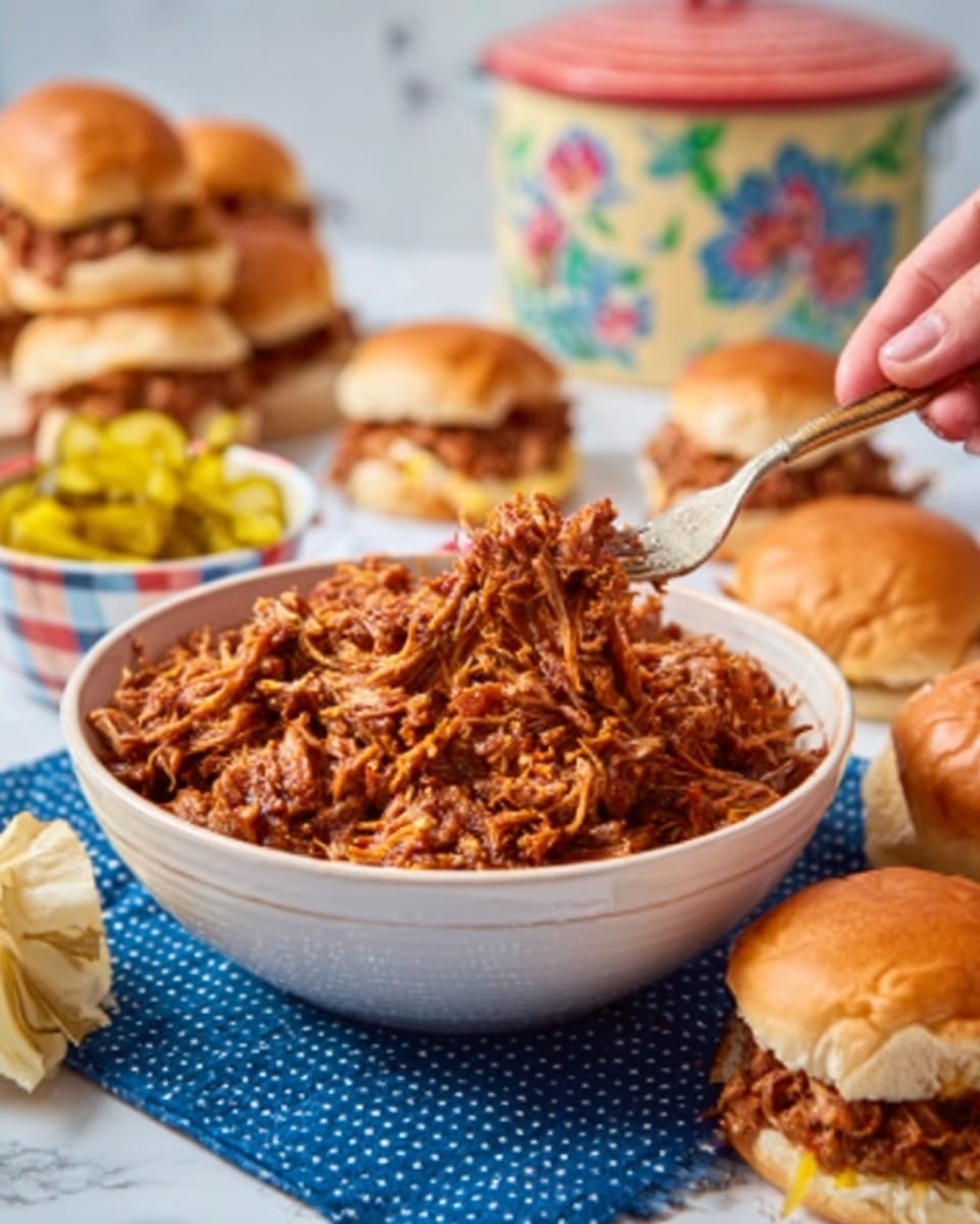A white bowl filled with layered pulled meat that has a rich brown color and a moist texture, being lifted with a woman's hand holding a fork. Around the bowl, there are soft bread buns with a golden brown top, some already made into sandwiches with the pulled meat inside. The bowl sits on a blue cloth with white dots on a white marbled surface. In the background, there is a colorful container with a floral design and a small white bowl with a checkered pattern holding yellow pickles. Photo taken with an iphone --ar 4:5 --v 7