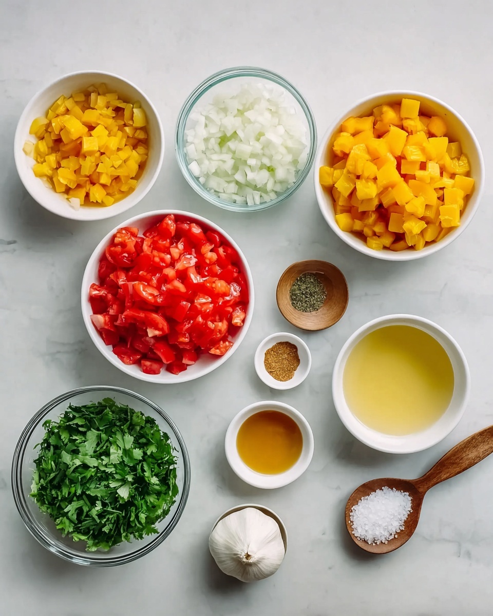 The image shows eight small white bowls and one small clear glass bowl arranged on a white marbled surface. Each bowl holds a different ingredient: one bowl is filled with bright red chopped tomatoes, another with golden yellow chopped mango, a third with white chopped onions, and another with fresh green chopped cilantro. There is also a small bowl with minced garlic, a small bowl with light brown powder spice, a small bowl with light brown liquid, a small bowl with pale yellow liquid, and a small bowl with white granulated salt accompanied by a small wooden spoon. The colors contrast nicely against the clean white bowls and the white marbled background, creating a fresh and organized visual. Photo taken with an iphone --ar 4:5 --v 7
