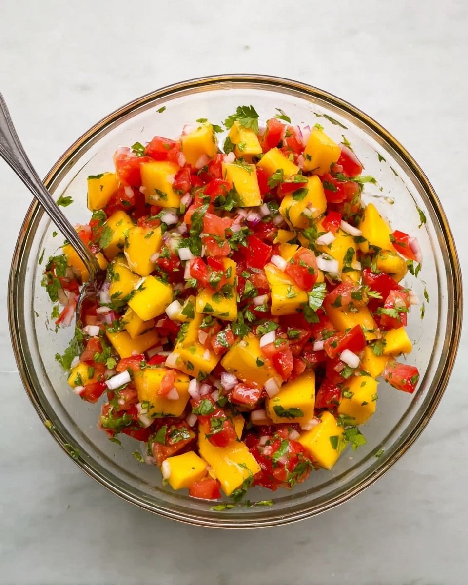 A clear glass bowl filled with a colorful mix of diced mango, red tomatoes, white onion pieces, and green cilantro leaves. The bright yellow mango chunks sit evenly mixed with the vibrant red tomato cubes, white onion bits scattered throughout, and fresh green cilantro that adds a fresh touch. A silver spoon rests inside the bowl on the left side, partially buried in the mixture. The bowl is placed on a white marbled surface. photo taken with an iphone --ar 4:5 --v 7