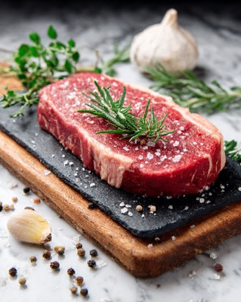 A raw red steak with white fat edges lies on a thin slate slab placed on a wooden board. The steak is topped with green rosemary and sprinkled with coarse salt and pepper. Around the board, there are scattered salt and pepper grains, fresh green herbs, and a whole garlic bulb with some peeled cloves. The background is a white marbled surface. photo taken with an iphone --ar 4:5 --v 7