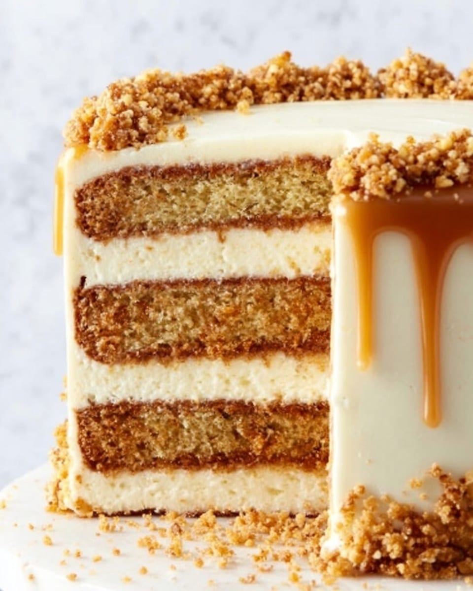 A close-up of a three-layer vanilla cake with light brown crumb texture, each layer separated by creamy white frosting. The sides are covered in smooth white frosting with a drip of caramel running down one side. The top edge is decorated with small clusters of crushed nuts or cake crumbs. The cake is set against a white marbled background. photo taken with an iphone --ar 4:5 --v 7