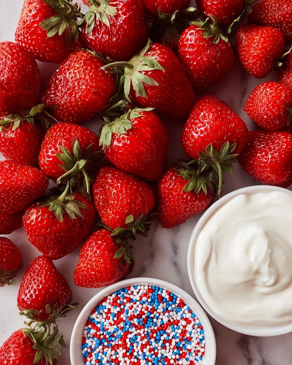 A close-up view of many red strawberries with green leaves covering almost the whole frame, placed on a white marbled surface. In the bottom right corner, there are two white bowls, one filled with smooth white cream and the other with small round sprinkles in red, white, and blue colors. Photo taken with an iphone --ar 4:5 --v 7