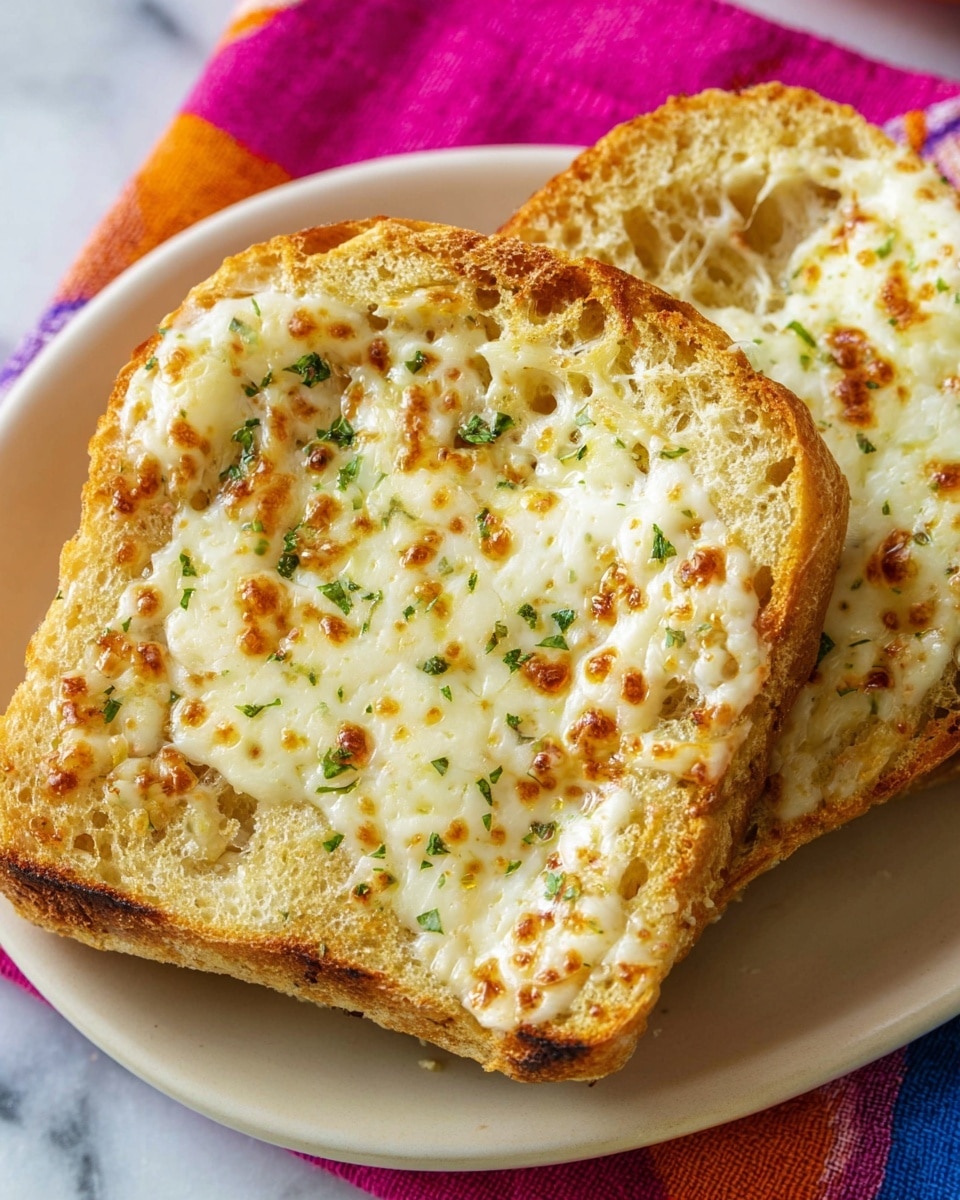 A close-up of a toasted bun slice with a rough texture, topped with melted white cheese that has browned spots and a slightly bubbly surface, sprinkled with small bits of green herbs. The slice is placed on a white plate with a soft curve on the side, resting on a colorful cloth with pink, blue, and orange patches, all on a white marbled surface. photo taken with an iphone --ar 4:5 --v 7
