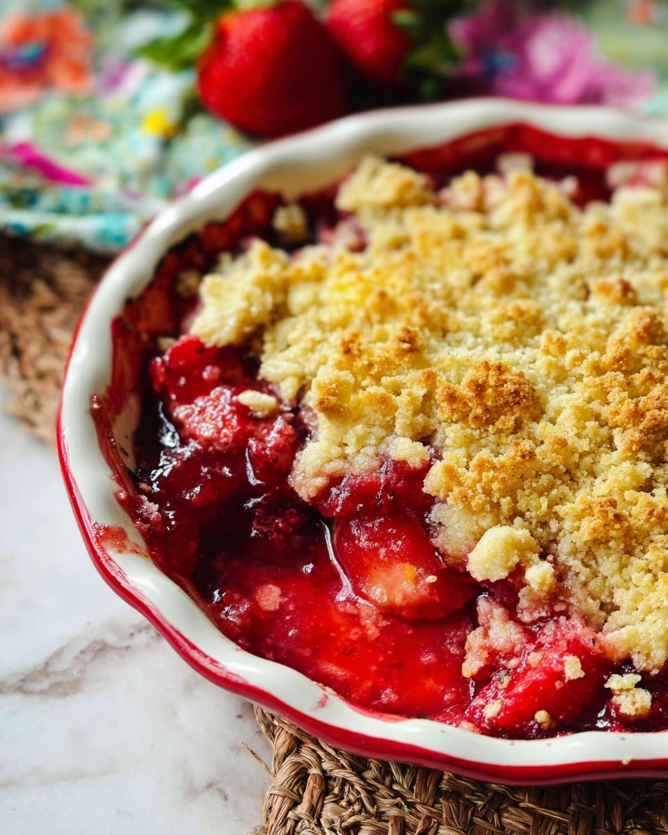 A close-up view of a fruit crumble in a white dish with a red rim, showing two main layers: the bottom layer is a bright red, thick, juicy stewed fruit mix with visible fruit chunks and a shiny texture, while the top layer is a golden yellow crumbly topping with small golden brown toasted bits, unevenly spread over the fruit layer. The dish is placed on a white marbled surface, partially on a woven mat and a floral cloth with colored patterns in the background. A red strawberry and some green leaves are slightly blurry in the back. Photo taken with an iphone --ar 4:5 --v 7