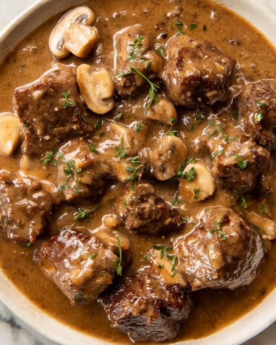 The image shows a white plate filled with rich brown gravy covered pieces of meat and sliced mushrooms. The gravy is thick and glossy, spreading evenly over the meat and mushrooms. Small green herbs are sprinkled on top for color contrast. The mushrooms are light beige and scattered between the meat chunks. The texture of the gravy looks smooth and creamy, surrounding the solid shapes of meat and mushrooms. The plate rests on a white marbled surface. photo taken with an iphone --ar 4:5 --v 7