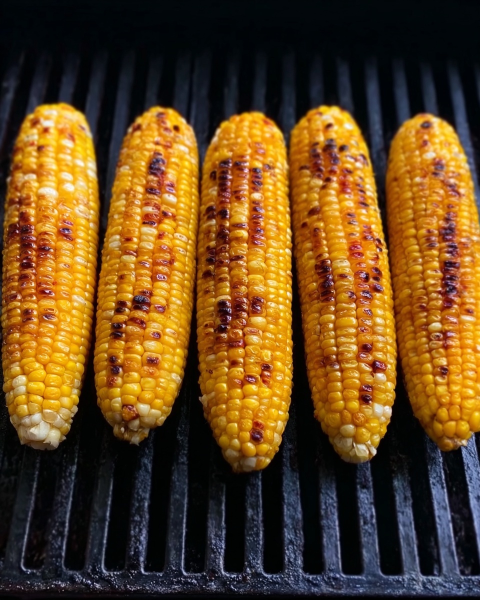 The image shows five golden yellow corn cobs lined up on a black grill with light char marks on the kernels, giving a slightly smoky look. The corn is arranged in a row with small sections of brown caramelization scattered evenly. The grill has metal bars below the corn with a slightly smoky background. The overall look is warm and appetizing, with the corn’s texture showing juicy kernels and some crisp spots from grilling. photo taken with an iphone --ar 4:5 --v 7