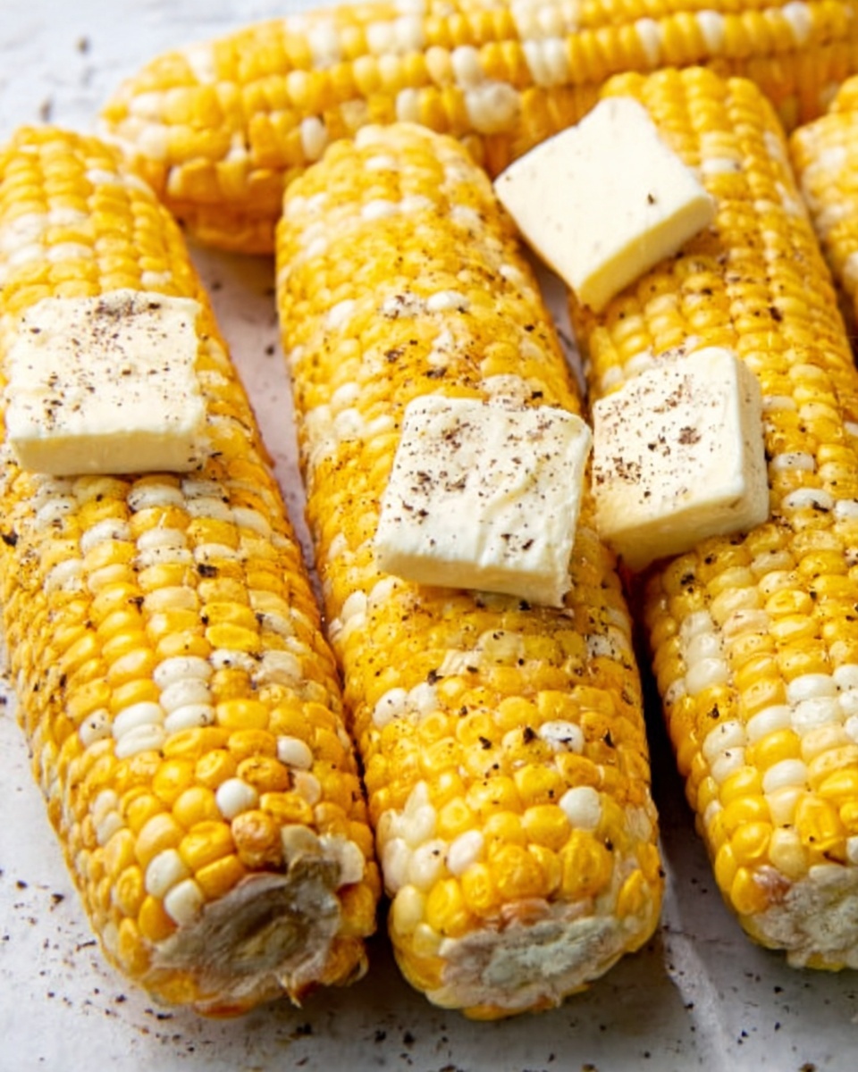 The image shows four ears of cooked corn placed close together on a white marbled surface. Each corn ear is bright yellow with some parts showing light golden browning. Two square pats of butter are placed on the top middle corn ear, starting to melt slightly. A dark spice, possibly pepper, is sprinkled evenly over the corn and butter, adding contrast. The texture of the corn kernels looks plump and juicy, while the butter appears soft and creamy. Photo taken with an iphone --ar 4:5 --v 7