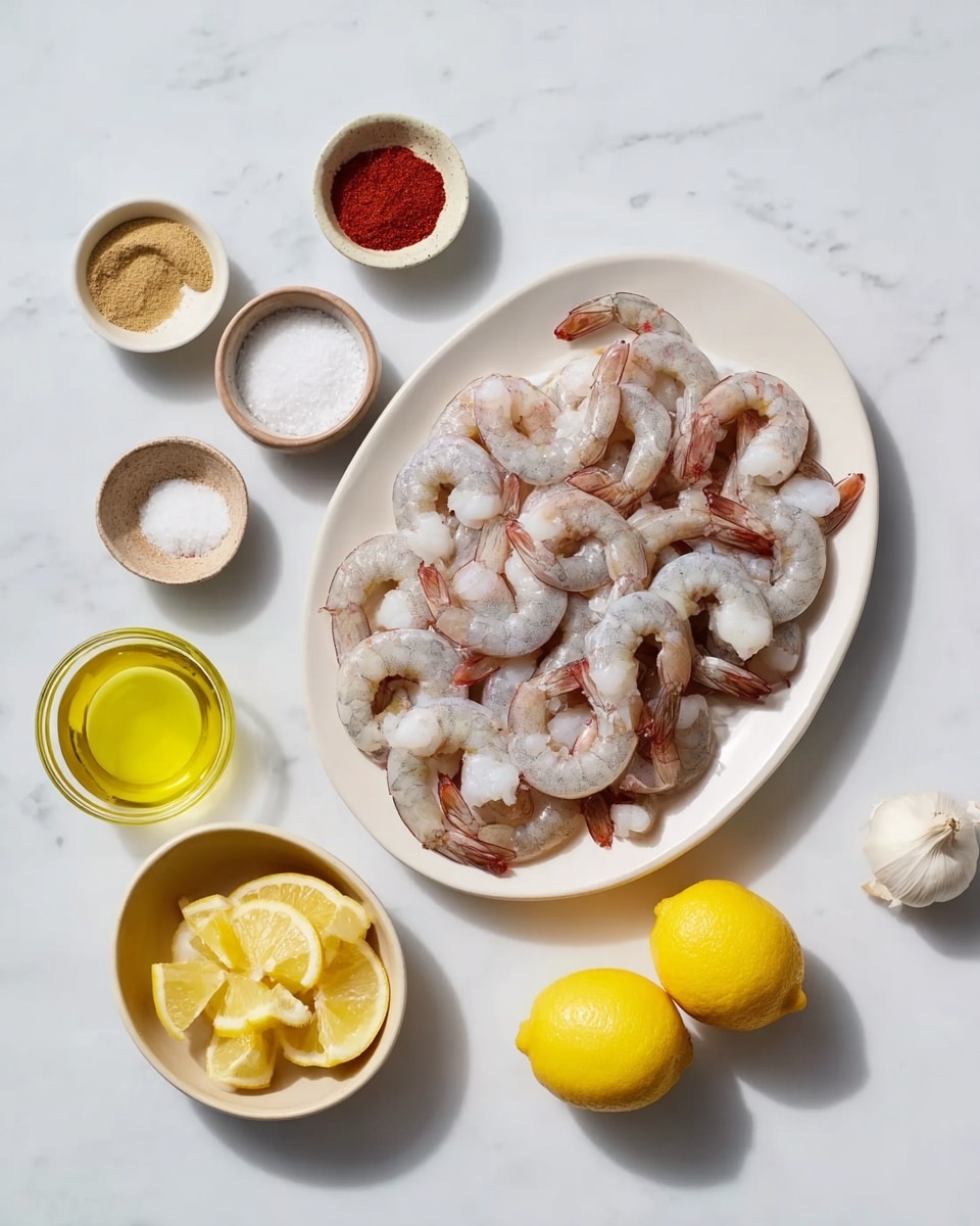 A white oval plate filled with a single layer of raw shrimp with pink, white, and gray tones arranged close together. To the left of the plate, there is a white marbled surface holding several small bowls and cups: a small white bowl with coarse salt, two small beige bowls with red powders, a small glass cup with yellow oil, a small glass cup with light yellow liquid, and a beige bowl holding several lemon wedges with bright yellow skin and pale yellow flesh. A single garlic clove sits near the top right corner of the image on the white marbled surface. Photo taken with an iphone --ar 4:5 --v 7
