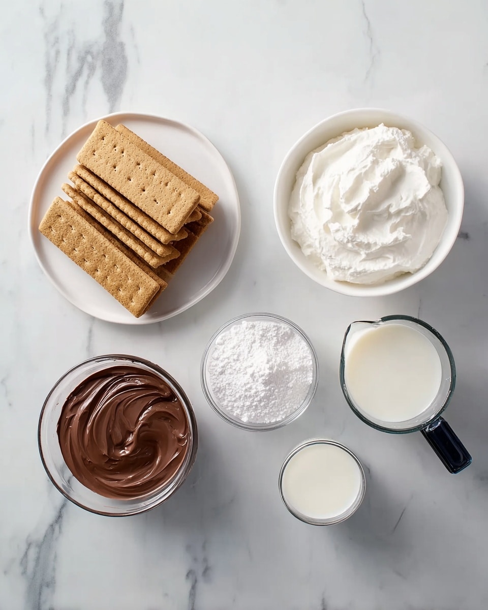 The image shows five white dishes arranged on a white marbled surface. On the left, a white plate holds two stacks of rectangular golden brown graham crackers, each stack neatly aligned. To the right, from top to bottom, there is a round white bowl filled with thick, creamy white substance, possibly whipped cream; next to it, a clear glass bowl contains a fine white powder, likely powdered sugar; beside that, a small white container holds a dark brown, smooth spread, possibly chocolate; lastly, a clear measuring cup with a black handle is filled with white milk. photo taken with an iphone --ar 4:5 --v 7