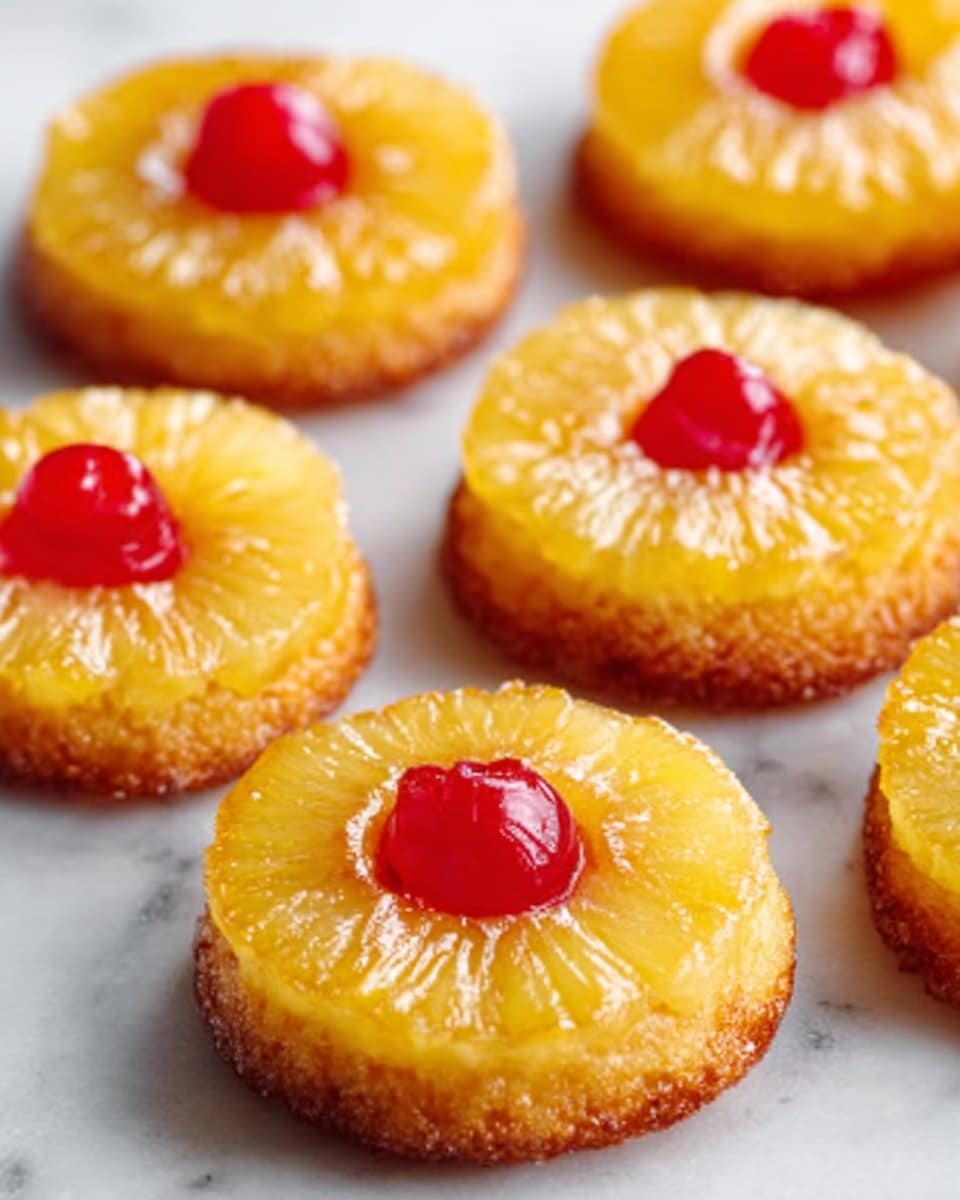 The image shows a group of small round cakes on a white marbled surface, each topped with a golden-yellow pineapple ring and a bright red cherry in the center. The cakes have a smooth, moist texture with a shiny glaze that covers the pineapple rings, making them look sticky and sweet. The pineapples are slightly translucent with a soft, juicy appearance, and the cherries are glossy and firm, creating a colorful contrast with the pale yellow of the cake. The cakes are evenly spaced out, with shadows underneath that add depth. photo taken with an iphone --ar 4:5 --v 7