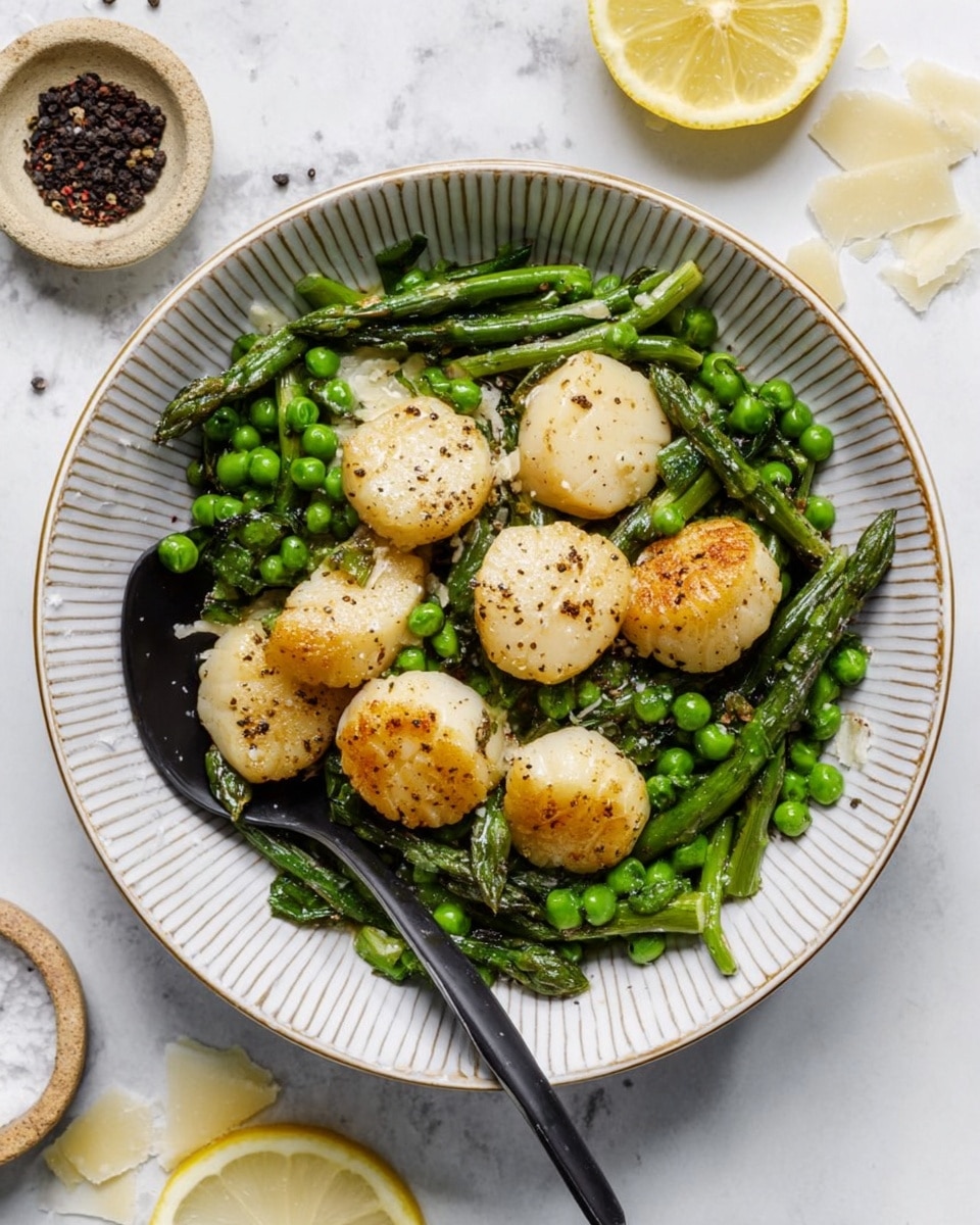 The image shows a white bowl with ridges along the edge, filled with two layers of food. The bottom layer has bright green asparagus pieces, cut into small segments. The top layer consists of golden brown, slightly crispy round gnocchi, scattered evenly over the asparagus. Shredded white cheese is sprinkled lightly across the dish, adding a fine texture on top of both the gnocchi and asparagus. A spoon is partially inside the bowl, holding some asparagus and gnocchi, resting on the right side. The bowl is placed on a white marbled surface with a few crumbs and a lemon wedge visible on the right side. Photo taken with an iphone --ar 4:5 --v 7