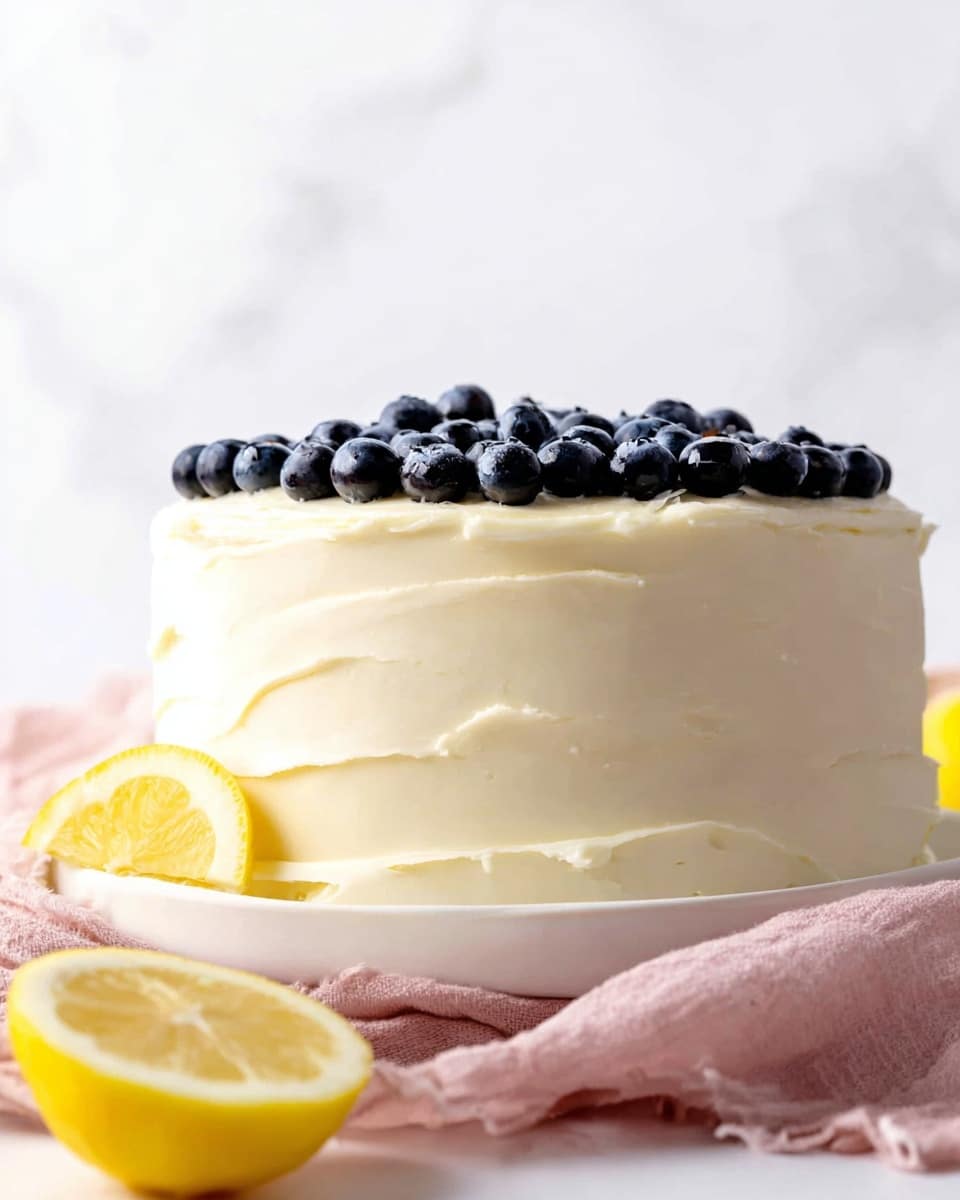 A smooth, creamy white frosted cake stands tall with visible soft, sweeping textures on the side. The cake is topped with a neat row of fresh dark blue blueberries placed evenly across the surface. It sits on a white plate, partly resting on a soft pink cloth, with a sliced lemon half placed casually on the front left of the plate. The background is a clean white marbled texture, highlighting the cake’s bright colors and fresh details. photo taken with an iphone --ar 4:5 --v 7