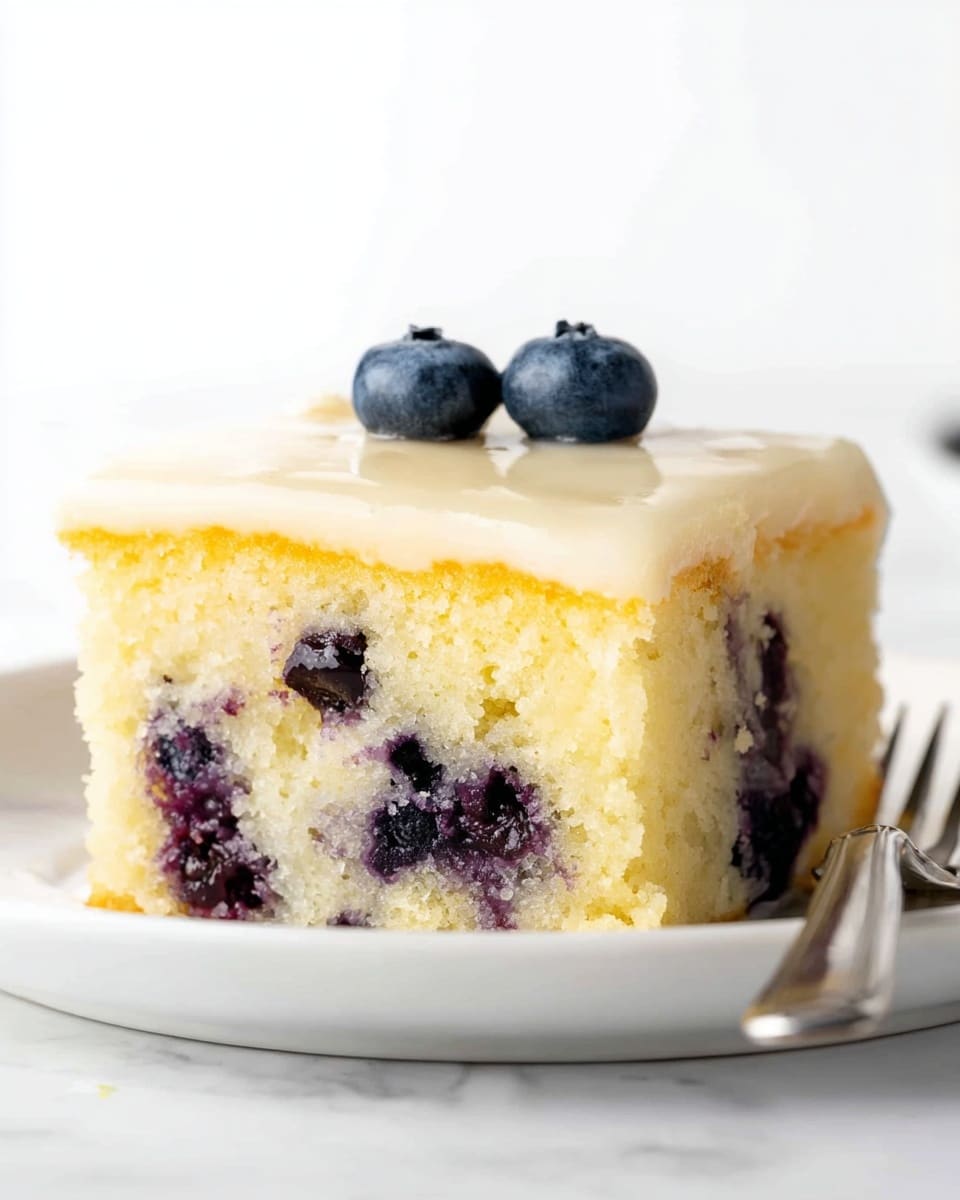 A square piece of light yellow cake with a soft, moist texture filled with small dark purple blueberry spots throughout its base and middle parts. The cake has a smooth, creamy pale yellow layer on top. Two whole blueberries sit gently on the top center of the cake. The cake is placed on a white plate with a shiny surface, set on a white marbled background. A silver fork is partially visible in the front lower part of the image. Photo taken with an iphone --ar 4:5 --v 7