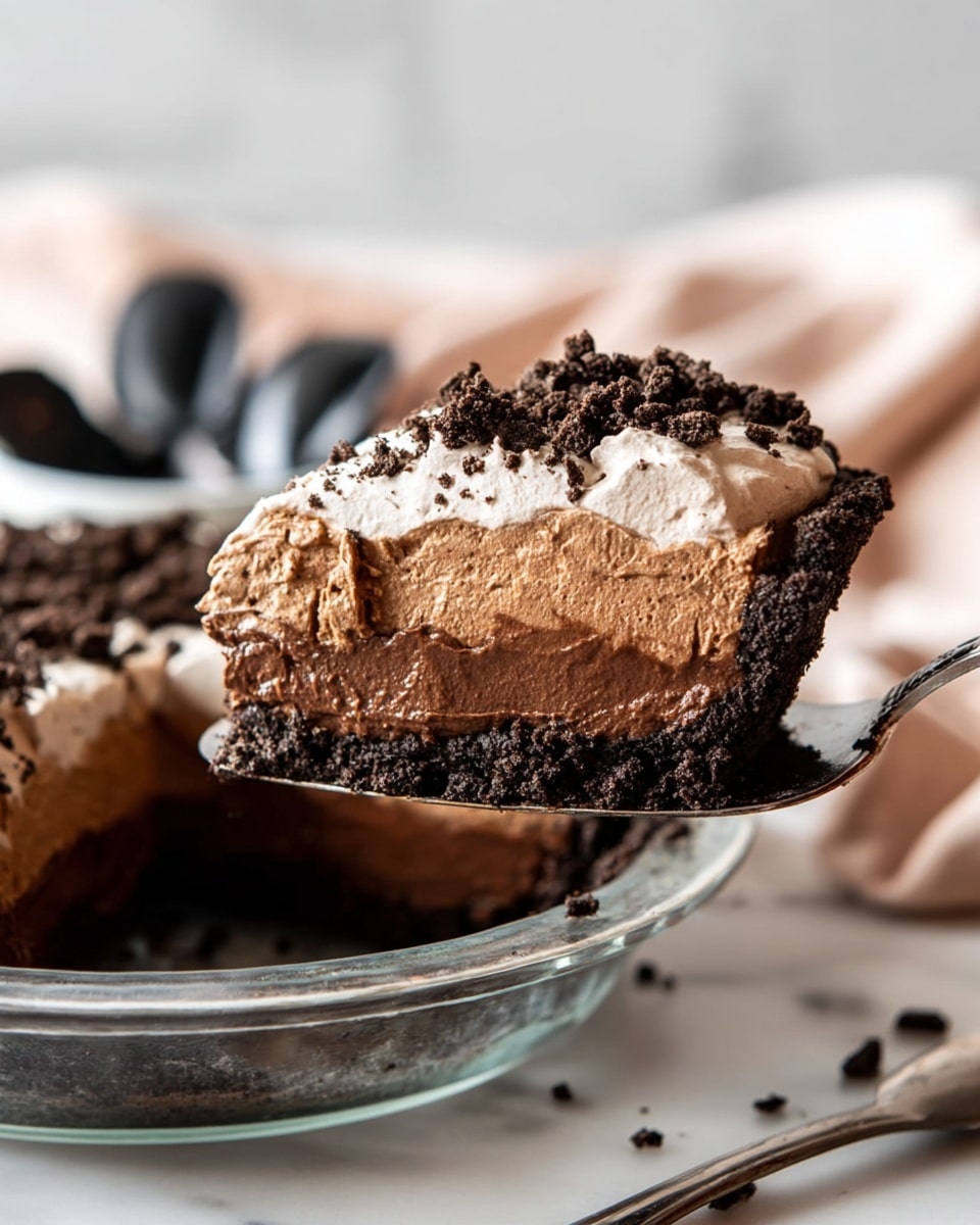 A slice of chocolate cream pie is being lifted from a clear glass pie plate on a white marbled surface. The pie has four layers: the bottom is a dark, dense chocolate crust; above that is a thick, smooth dark chocolate filling layer; next is a lighter brown, creamy chocolate mousse layer; and the top is a fluffy light chocolate whipped cream layer. The top layer is sprinkled with dark chocolate cookie crumbs. The background is softly blurred, with black measuring spoons and light pink cloth visible. Photo taken with an iphone --ar 4:5 --v 7