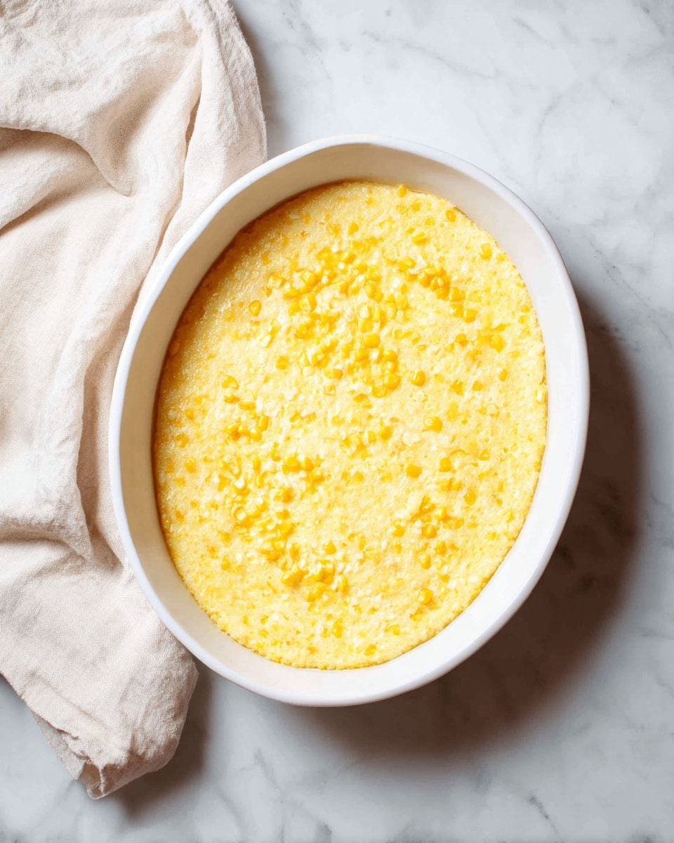 The image shows an oval white dish filled with creamy yellow corn pudding. The top layer is smooth with small corn kernels evenly spread, giving it a slightly lumpy texture. The dish sits on a white marbled surface with a soft, light beige cloth slightly crumpled on the upper left side. The lighting is soft, highlighting the creamy and tender look of the corn pudding. Photo taken with an iphone --ar 4:5 --v 7