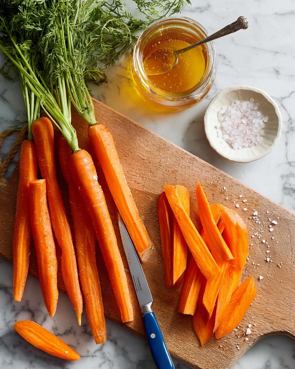 A wooden board sits on a white marbled surface with a bunch of fresh bright orange carrots, some whole with green tops extending to the left, and several pieces cut into thick, angled slices spread below. A large knife with a blue handle rests on the board, partly covered by carrot slices. Above the board to the right is a small white bowl filled with coarse salt. Near the center top of the image is a clear glass jar filled with golden honey, holding a silver spoon inside. Part of a glass container with liquid, possibly oil, is seen on the left edge. photo taken with an iphone --ar 4:5 --v 7