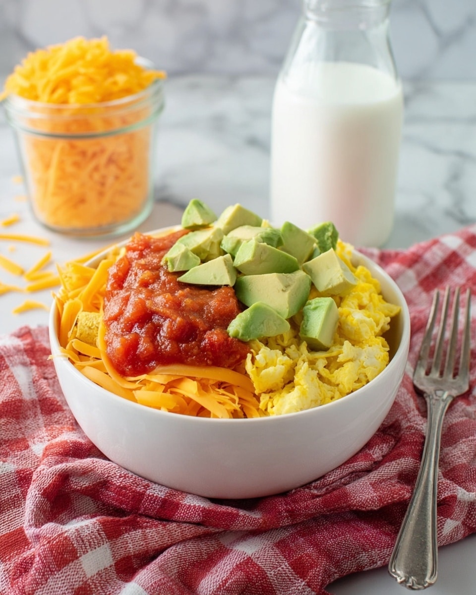 A white bowl is filled with three visible layers: the bottom layer has soft, yellow scrambled eggs; the middle layer shows bright orange shredded cheese spread on one side; the top layer features chunky red salsa covering part of the eggs, with roughly chopped light green avocado pieces placed on top of the cheese and salsa. The bowl sits on a red and white checkered cloth with some shredded cheese scattered around. Behind the bowl, there is a clear glass bottle filled with white milk and a silver fork resting on the cloth to the right, all arranged on a white marbled surface. Photo taken with an iphone --ar 4:5 --v 7