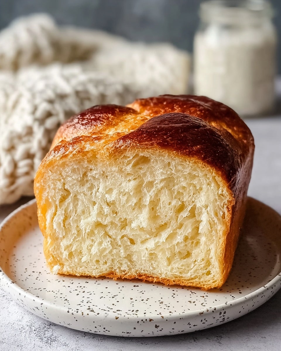 A loaf of bread with a golden brown crust that looks shiny and bumpy on top, showing soft, fluffy white bread inside with a light, airy texture. The bread sits on a white plate with dark speckles all over. The background shows a white marbled surface with a blurry white cloth and a glass container filled with milk, adding to the cozy setting. photo taken with an iphone --ar 4:5 --v 7