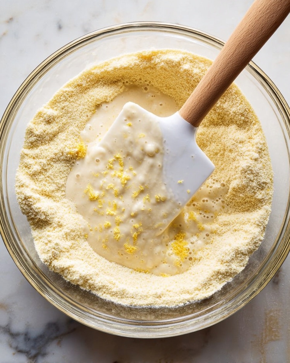 A clear glass bowl holds a mixture with two main layers visible: a fine, pale yellow powder around the edges and a creamy, light beige batter in the center with tiny bubbles. The batter looks smooth and slightly thick, with some yellow specks on top, possibly zest or seasoning. A white spatula with a wooden handle rests inside the bowl, partially covered with the creamy batter. The bowl sits on a white marbled surface. photo taken with an iphone --ar 4:5 --v 7
