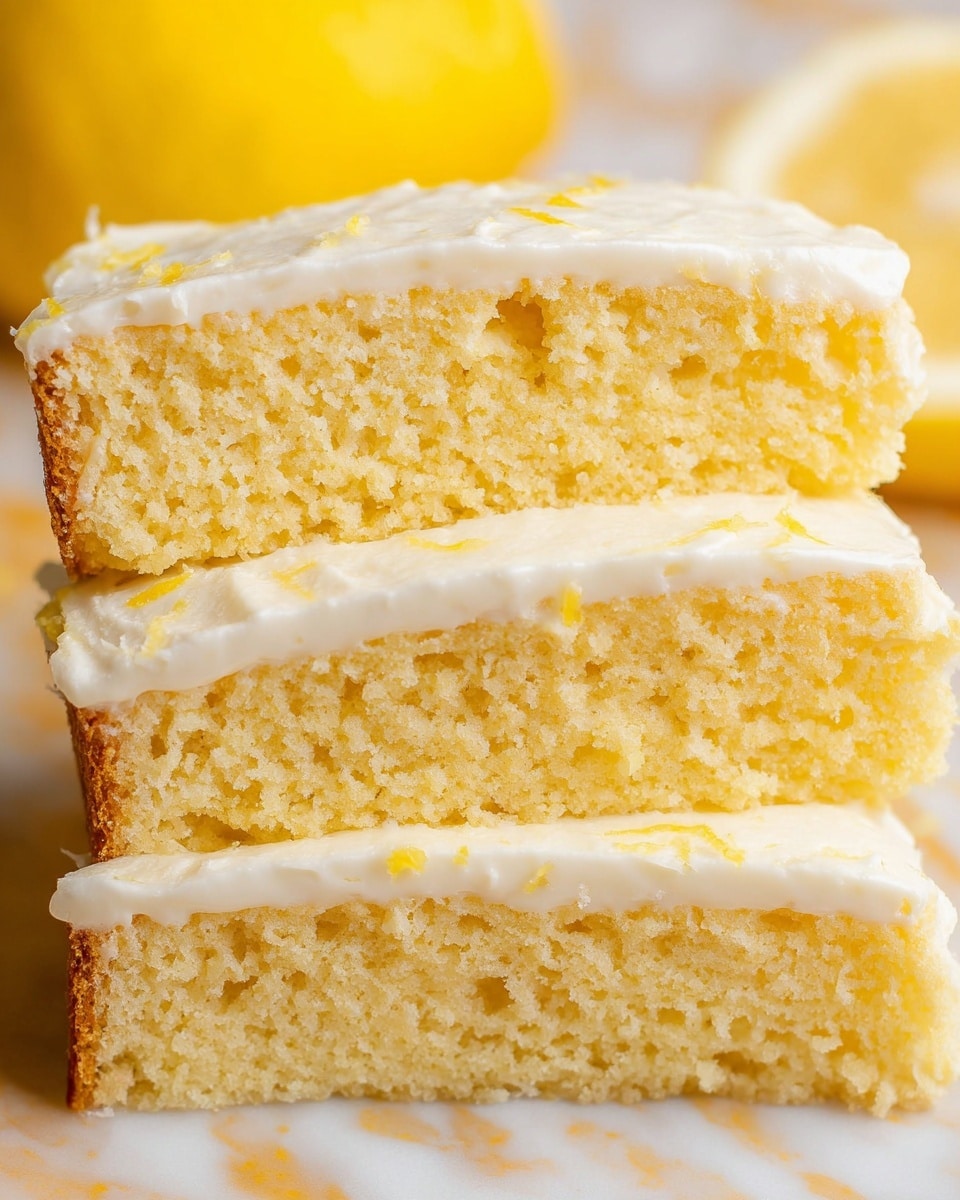 The image shows three slices of yellow cake arranged in a stack, each layer separated by a thick white frosting layer that looks creamy and smooth. The cake slices have a soft and slightly crumbly texture with visible small holes. The white frosting is spread evenly on the top and sides of the slices. The background is a white marbled texture with a bright yellow object visible on the left side. Photo taken with an iphone --ar 4:5 --v 7