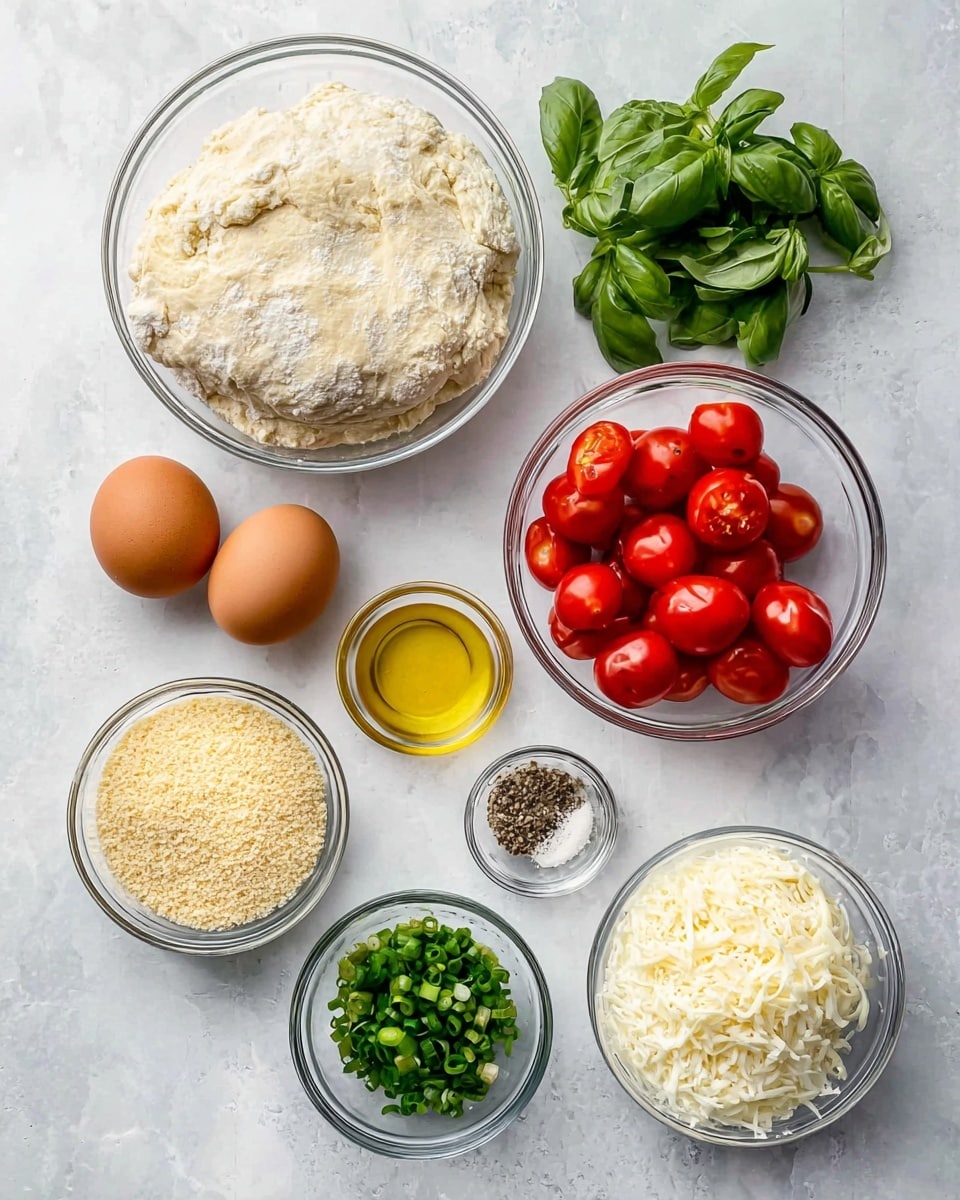 The image shows several ingredients arranged neatly on a white marbled surface. There is one large clear glass bowl filled with light beige dough that looks soft and fluffy at the top left. To its right, fresh green basil leaves are placed loosely in a small pile. Below the dough, a clear glass bowl holds bright red cherry tomatoes, some whole and some sliced in half. Three brown eggs are placed close together near the center. A small glass bowl contains golden yellow olive oil, and next to it is another glass bowl filled with light tan breadcrumbs. Lower in the image, a clear glass bowl holds white shredded cheese, and beside it is a bowl with chopped green onions. Between the eggs and cheese, there is a tiny glass bowl filled with a mix of coarse salt, black pepper, and dried herbs. The ingredients are all fresh and vibrant, set against the clean white marbled texture of the surface photo taken with an iphone --ar 4:5 --v 7