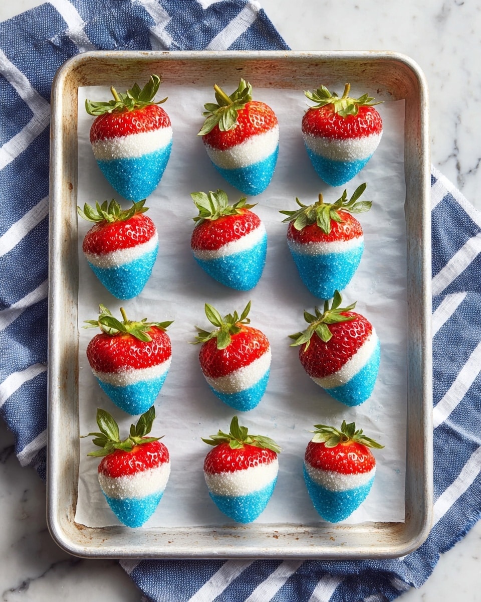 A baking tray lined with white parchment paper holds twelve fresh strawberries, each dipped in two layers at the bottom: the first layer is bright blue with a sugar-like texture, and the second layer is smooth white, creating a clear dividing line between the blue and the red strawberries' tops with green leaves. The strawberries are arranged neatly in a grid with three rows and four columns. The tray is placed on a white marbled surface partially covered with a blue and white striped cloth. The photo taken with an iphone --ar 4:5 --v 7