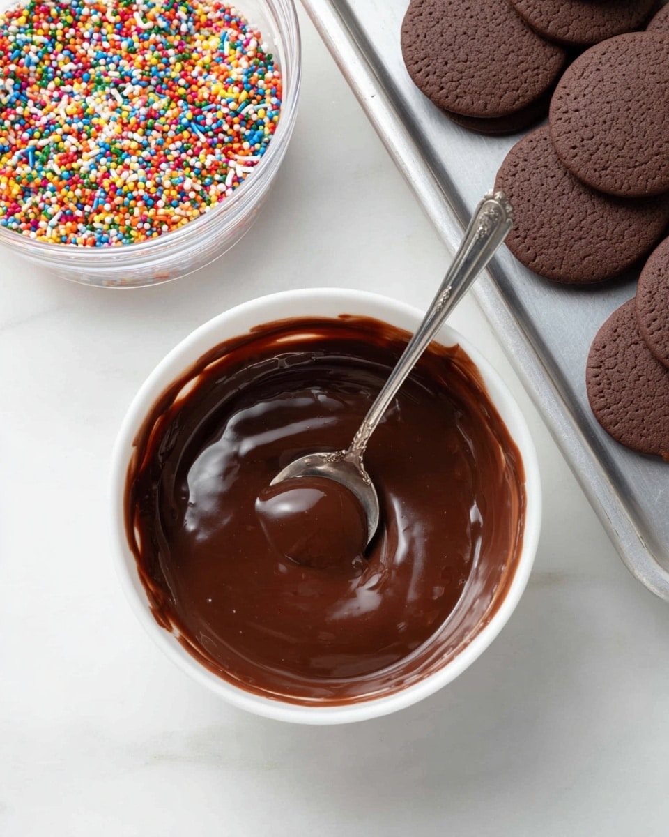 A clear round bowl filled with smooth, shiny, dark brown chocolate sauce with a silver spoon resting inside it; on the top right side of the image, there is a silver baking tray holding round, flat, dark chocolate cookies, and on the top left side, a clear container holds colorful small round sprinkles. All of this is placed on a white marbled surface. photo taken with an iphone --ar 4:5 --v 7