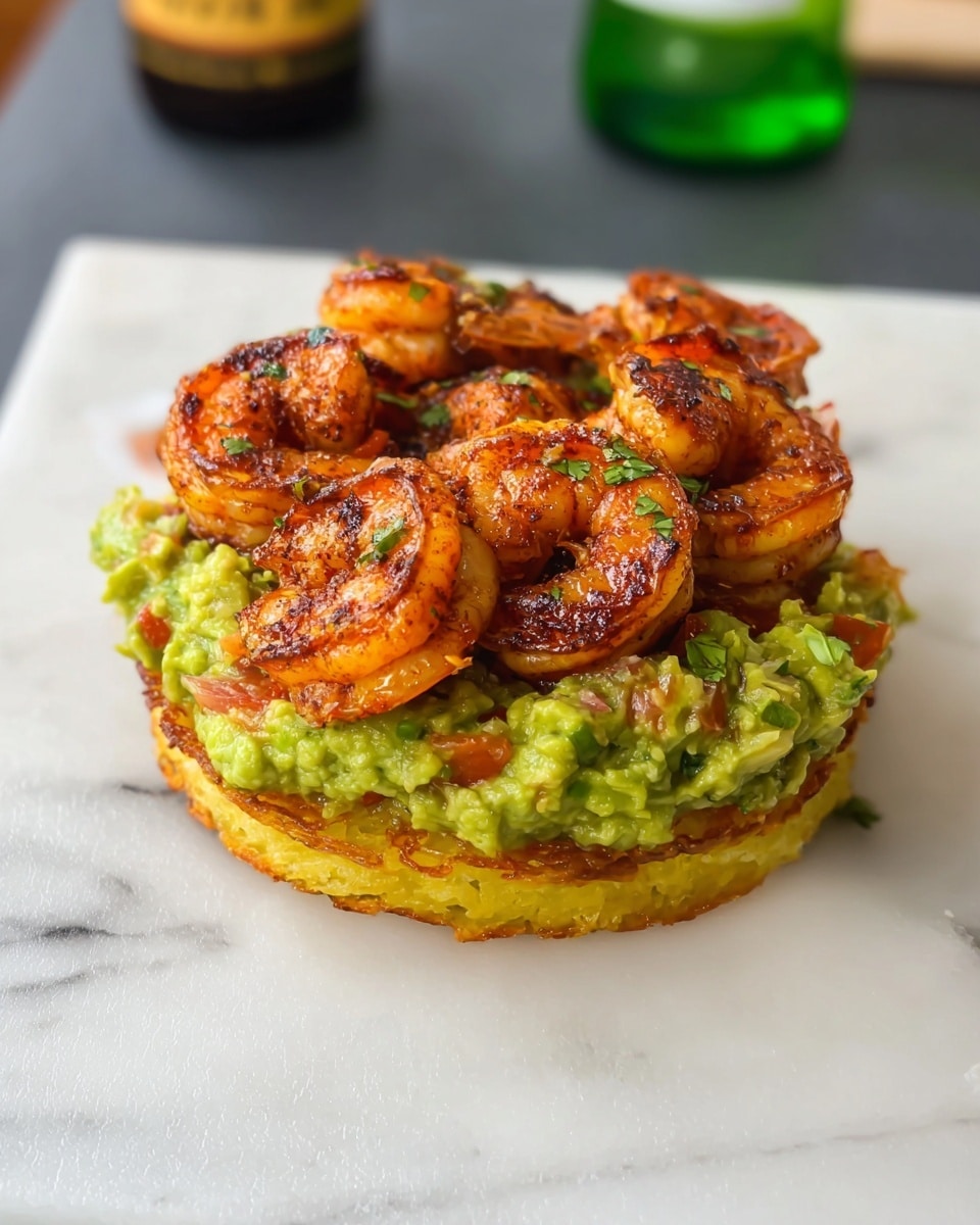 The image shows a snack with three layers positioned at the center of a white plate on a white marbled surface. The bottom layer is a golden, round crisp base with a slight texture. On top of this is a thick, chunky layer of bright green guacamole mixed with bits of red tomato and green herbs, giving it a fresh, creamy texture. The top layer features several grilled shrimp with a reddish-orange color and slightly charred edges, arranged closely together in a circular pattern, adding a bold, textured contrast to the smooth guacamole. A blurred green bottle is visible in the background. Photo taken with an iphone --ar 4:5 --v 7