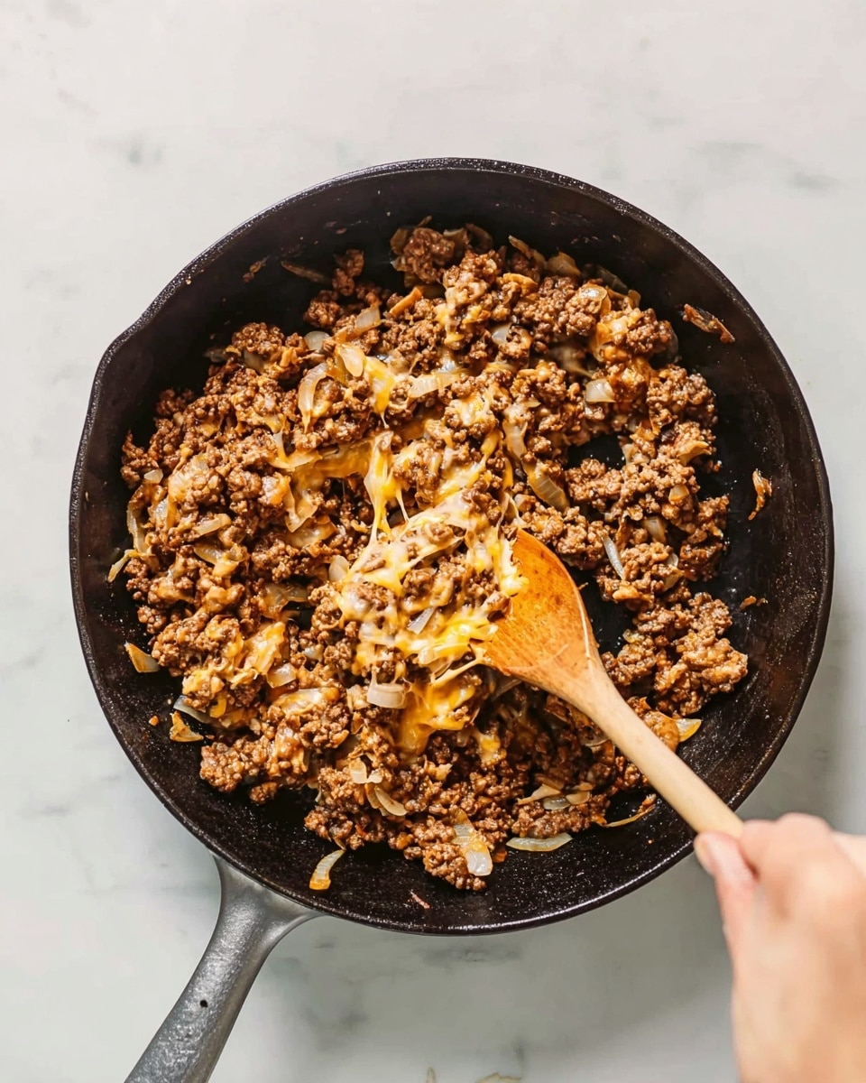 A black cast iron skillet sits on a white marbled surface, filled with cooked ground meat mixed with melted cheese, creating a textured layer of brown bits with light golden melted strands. Small pieces of cooked onions are scattered throughout the meat. A woman's hand is seen stirring the contents with a wooden spoon, pulling some melted cheese away from the center, showing a stretch of gooey cheese in the middle. Photo taken with an iphone --ar 4:5 --v 7
