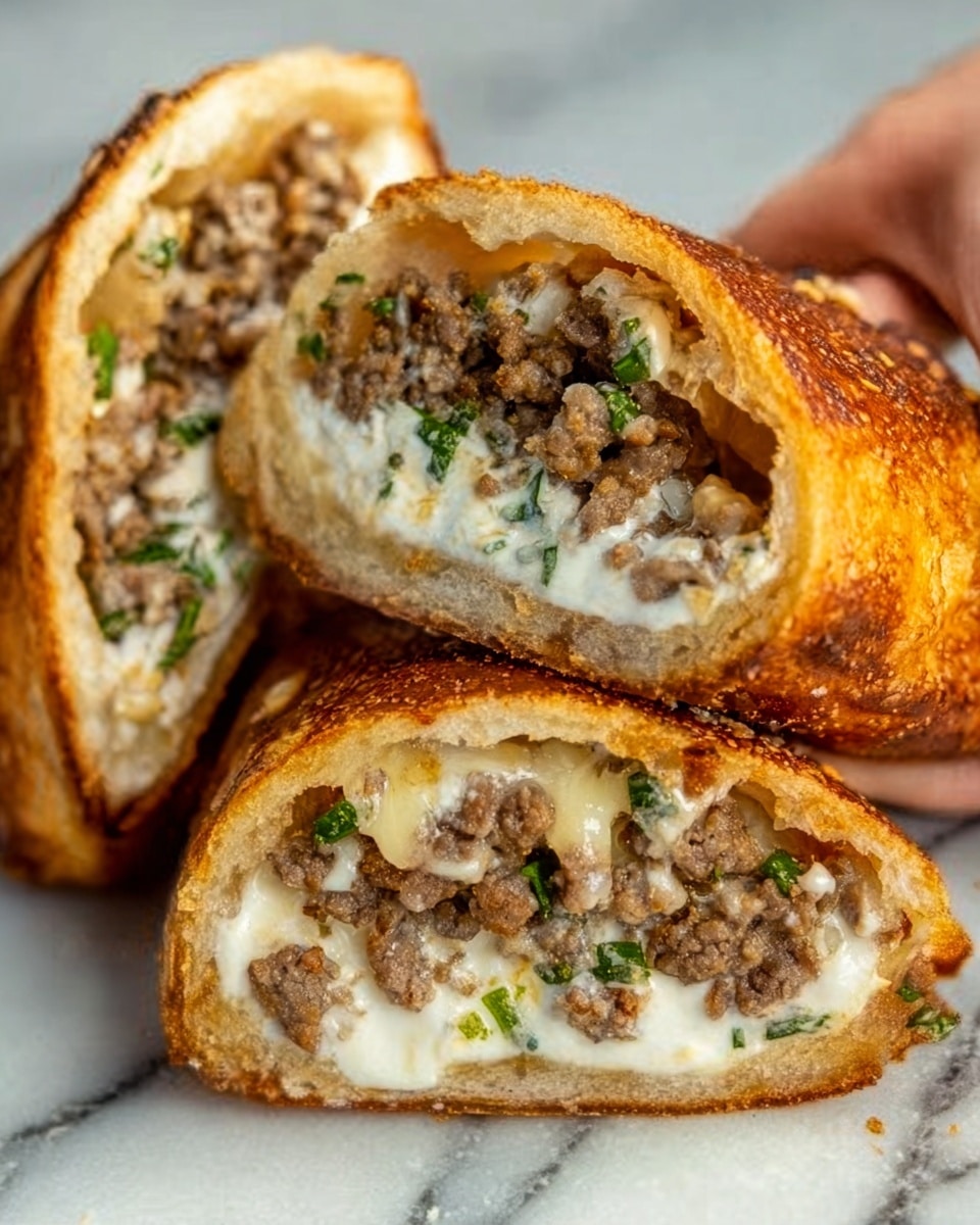 The image shows three stuffed bread rolls cut in half, each revealing about three layers inside. The outer layer is golden brown with a crispy texture. Inside, the first layer is creamy white, spread evenly along the inner side of the bread. The next layer is a mix of small pieces of cooked brown meat with bits of green herbs sprinkled throughout. The final layer sits underneath the meat, showing melted pale yellow cheese. The rolls lean against each other on a white marbled surface. A woman's hand is holding one of the rolls from the right side. photo taken with an iphone --ar 4:5 --v 7