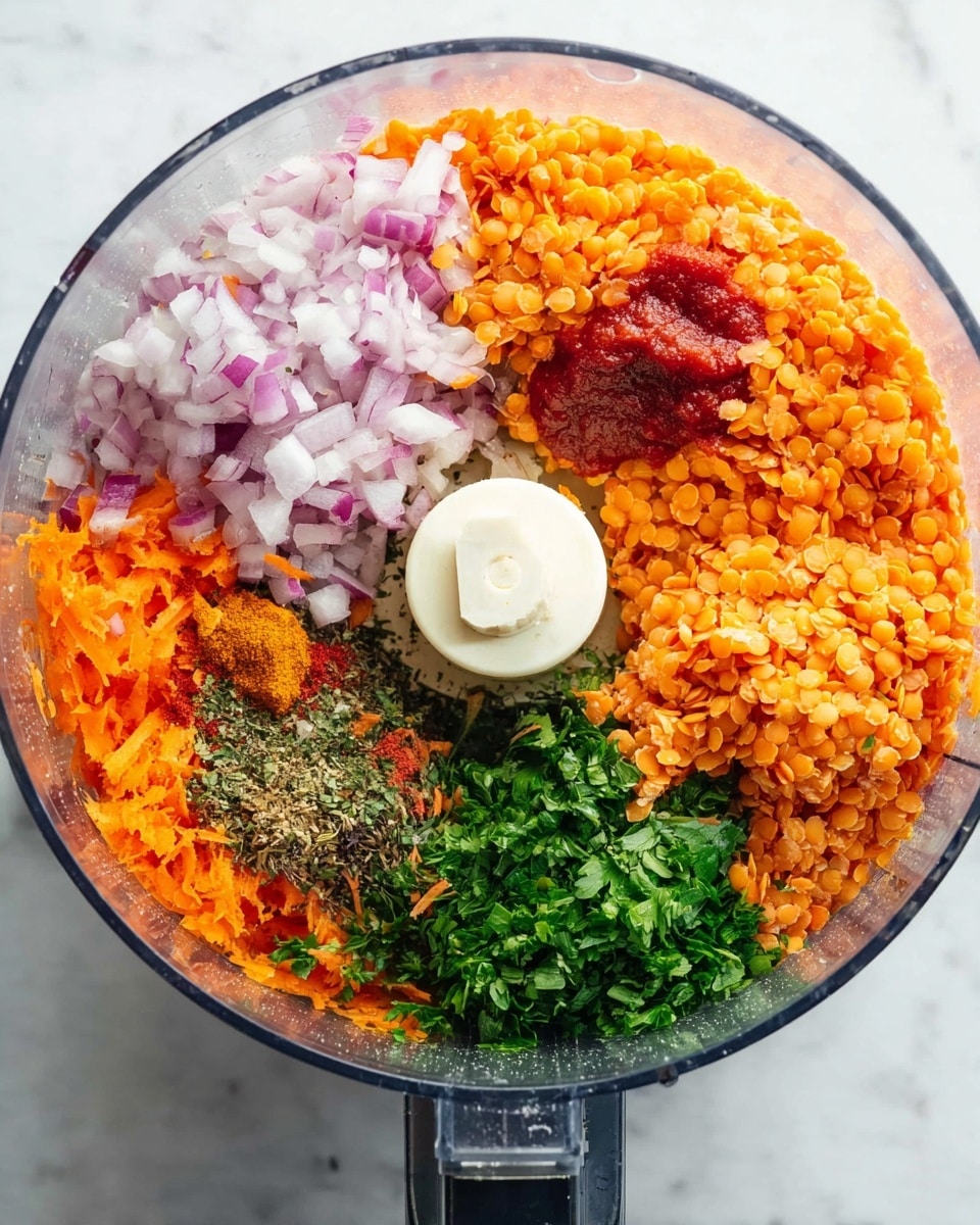 In a clear food processor bowl placed on a white marbled surface, there are six main ingredients arranged in separate sections creating a colorful pattern around the central blade. Starting from the top and moving clockwise, there is a small red sauce patch, a large pile of finely chopped light purple onions, a bunch of fresh chopped green herbs, a heap of shredded bright orange carrots, a dark spice mix, and lastly a large portion of orange split lentils. The colors are vivid and the textures vary from soft and smooth to chopped and coarse. photo taken with an iphone --ar 4:5 --v 7