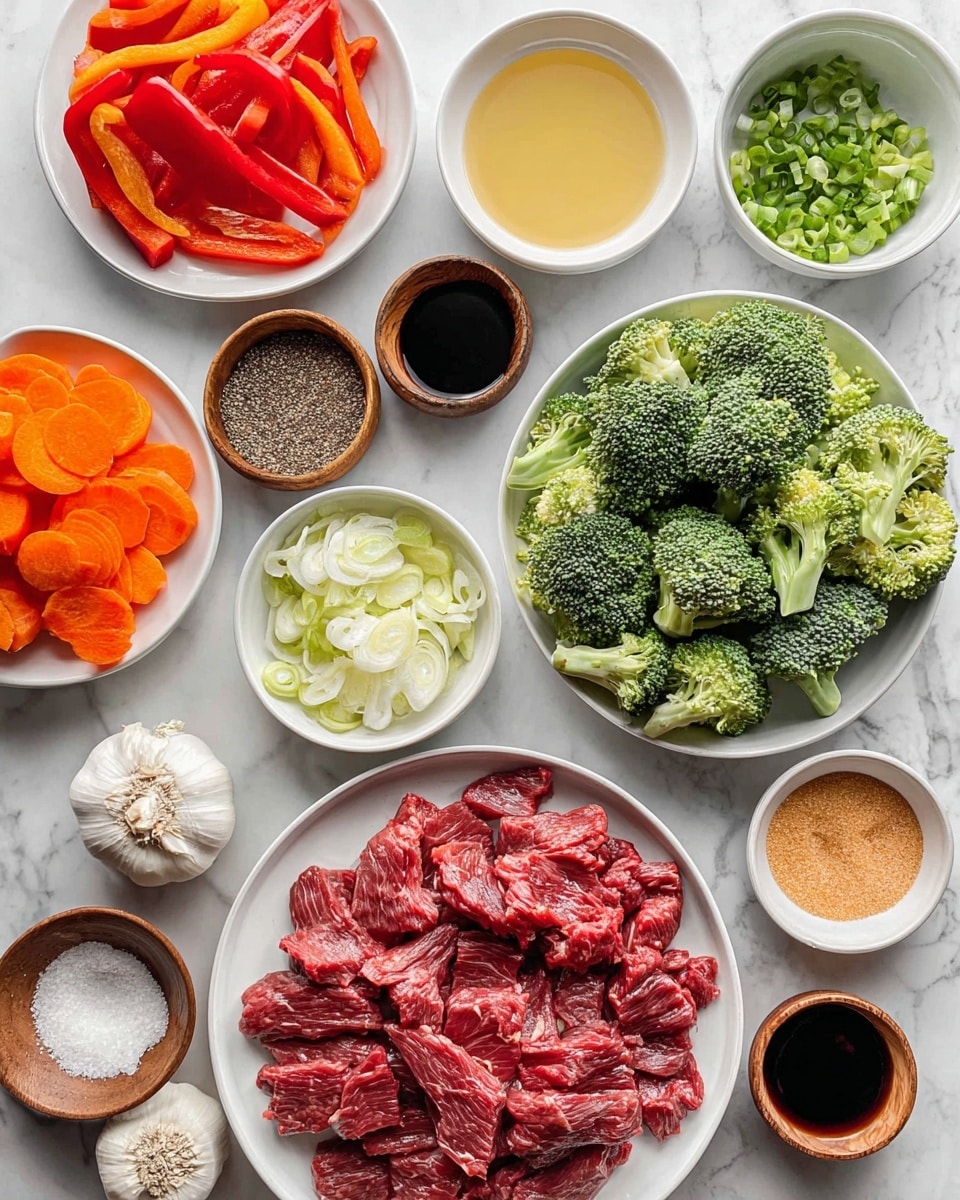 A top-down view shows various fresh ingredients laid out on a white marbled surface. In the center is a white plate filled with thin slices of red meat with a slightly cooked look. Surrounding it are small white bowls holding sliced orange carrots, bright green broccoli florets, and red bell pepper strips. Other small white bowls contain minced garlic, chopped green onions, minced ginger, soy sauce, a light yellow liquid, and some reddish sauce. There are also small wooden bowls with coarse black pepper and salt, and another white bowl with a white powder. A whole garlic bulb is placed near the bottom left. The overall setup is clean and organized, showing a mix of fresh vegetables, meat, and seasonings ready for cooking. Photo taken with an iphone --ar 4:5 --v 7