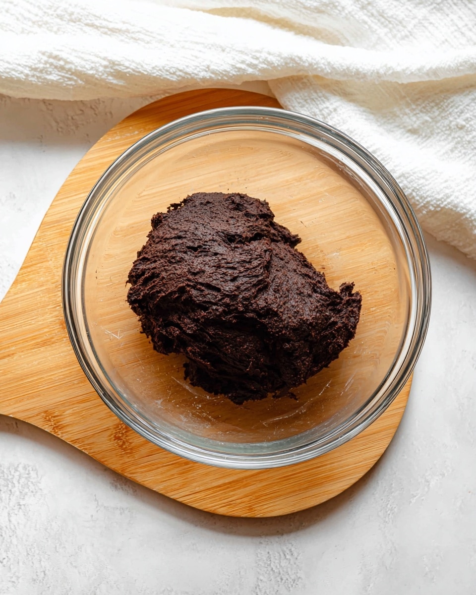 A clear glass bowl containing a thick, dark brown dough with a rough texture is placed on a light wooden board. The dough is shaped into a loose mound, showing some small cracks and ridges on its surface. The bowl and board rest on a white marbled surface, and a white cloth with soft folds is visible in the upper part of the image. photo taken with an iphone --ar 4:5 --v 7
