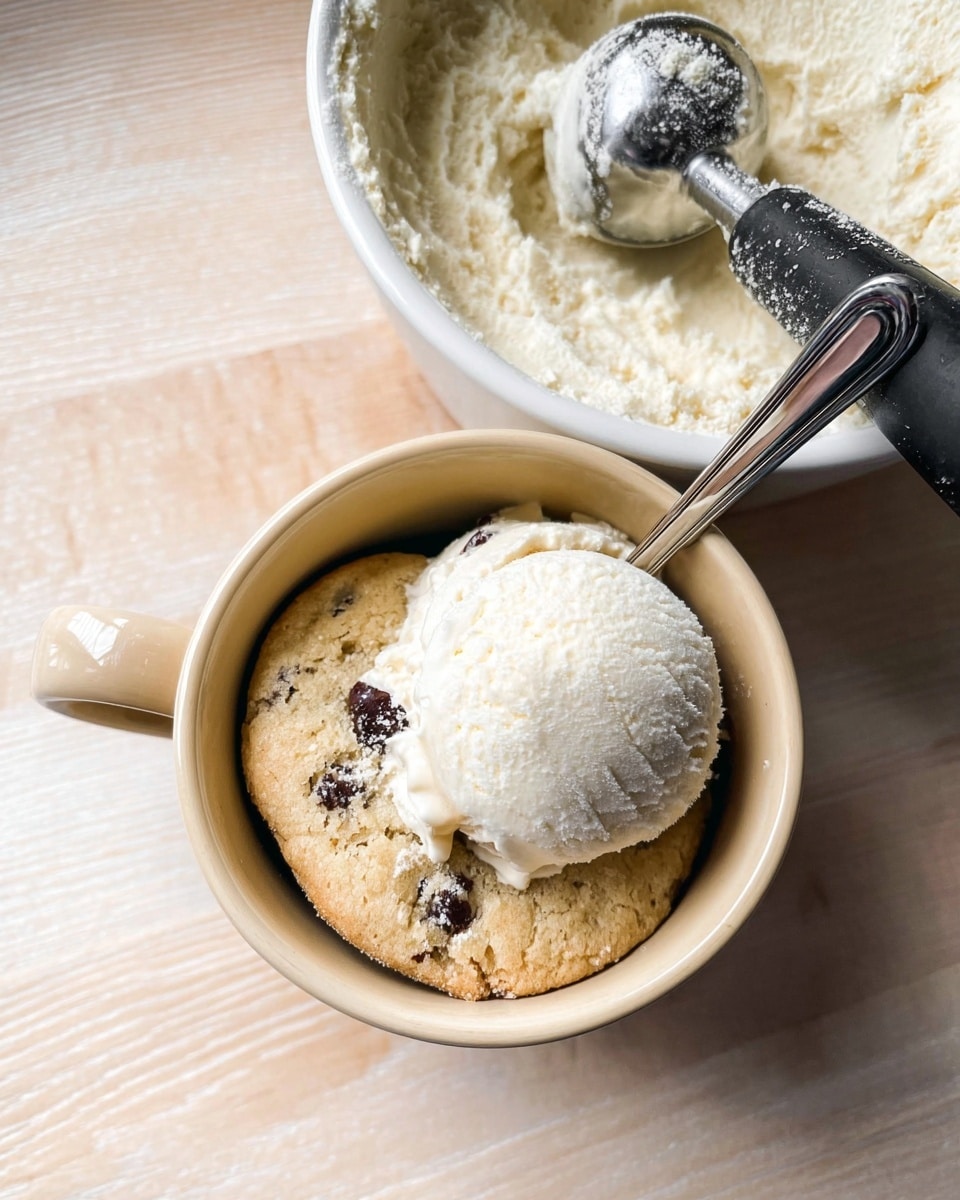 A beige cup holds a single layer of baked cookie with visible dark chocolate chips, topped with a round scoop of creamy white vanilla ice cream. A shiny silver spoon rests inside the cup on the right side, with its handle extending outward. Above the cup, a white container is filled with textured white ice cream and a black ice cream scooper with a silver scoop head partially inside the container. The entire scene is set on a light wood surface with a smooth grain pattern. photo taken with an iphone --ar 4:5 --v 7