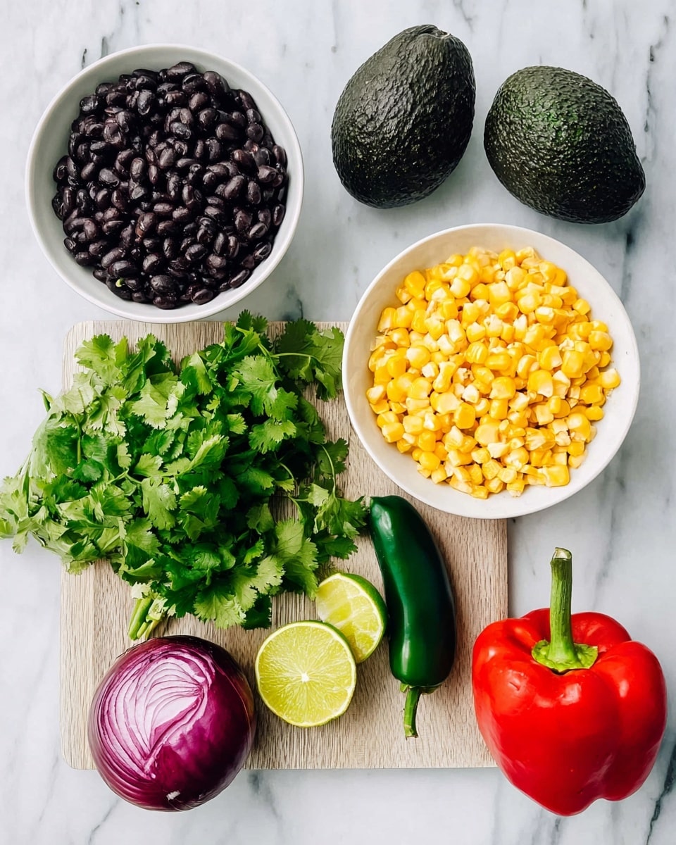 The image shows fresh ingredients arranged on a white marbled surface. There is a white bowl full of dark black beans on the top left and beside it, two whole dark green avocados with bumpy skin. To the right, a white bowl is filled with bright yellow corn kernels. Below the bowl of black beans, there is a light wooden board with a bunch of fresh green cilantro, a whole dark green jalapeño pepper, and a lime cut in half placed on it. On the bottom right corner, a whole shiny red bell pepper and a half of red onion with its purple layers visible sit directly on the white marbled surface. The colors are vibrant and the textures of the ingredients stand out clearly. photo taken with an iphone --ar 4:5 --v 7