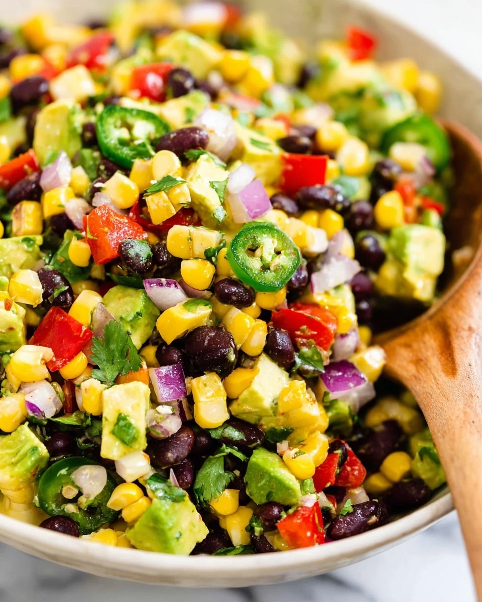 This image shows a close-up of a bright salad made of many small pieces. The salad has big yellow corn kernels, black beans, green avocado chunks, red bell pepper squares, white onion cubes, green jalapeño slices, and bits of green cilantro mixed evenly. The colors stand out clearly, making the salad look fresh and healthy. A wooden spoon is partly visible on the right side, mixing the salad. The background is a white marbled texture. Photo taken with an iphone --ar 4:5 --v 7