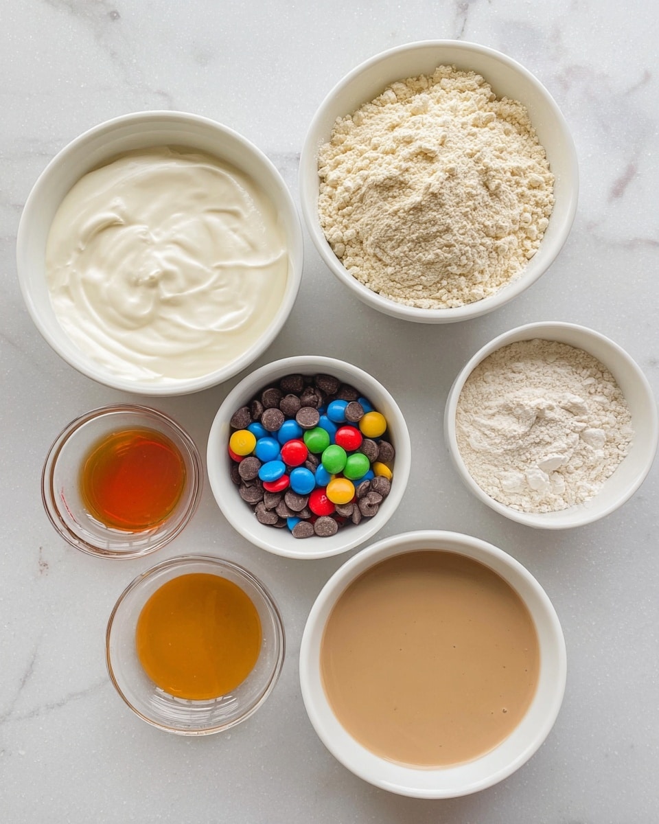 The image shows five white bowls arranged on a white marbled surface. The largest bowl at the bottom left contains a smooth, white creamy substance. To the right of it, a smaller bowl is filled with a light beige powder that looks soft and crumbly. Above it, another small bowl holds a slightly darker beige powdered ingredient, also crumbly but finer. At the top center, there is a bowl filled with dark chocolate chips mixed with colorful candy-coated chocolates in red, green, yellow, blue, and orange. On the left side, a small bowl contains a clear amber liquid, and below that on the right, another bowl holds a thick, light brown liquid. The bowls are clean and simple, all white, set on a clean white marbled background. photo taken with an iphone --ar 4:5 --v 7
