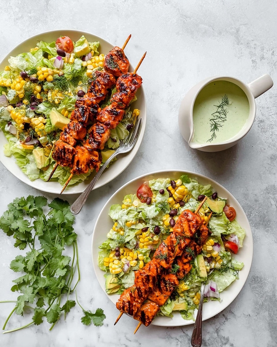 Two white plates sit on a white marbled surface, each holding two bamboo skewers with grilled orange-red glazed chicken that shows clear char marks. Next to the skewers is a fresh salad made of light green lettuce, yellow grilled corn pieces, red tomato slices, black beans, and light green avocado chunks, all mixed lightly with a creamy dressing and sprinkled with black pepper. Garnishes of fresh cilantro leaves top both the chicken and the salad. A gray fork rests on the right side inside each plate. To the right of the plates is a small white jug with a creamy green herb sauce garnished with dill. Fresh cilantro sprigs are placed around the scene. Photo taken with an iphone --ar 4:5 --v 7