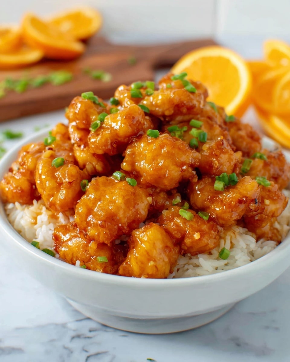 A close-up of a white bowl filled with a base layer of white rice, topped with several pieces of crispy, golden brown fried chicken coated in a shiny, light orange sauce. The chicken pieces are sprinkled with small green onion slices, adding a fresh green contrast. A woman's hand holds dark brown chopsticks, picking up one piece of chicken from the bowl. In the background, there are blurred orange slices placed on the white marbled surface. The lighting highlights the crispy texture of the chicken and the softness of the rice, creating a warm and appetizing look. photo taken with an iphone --ar 4:5 --v 7