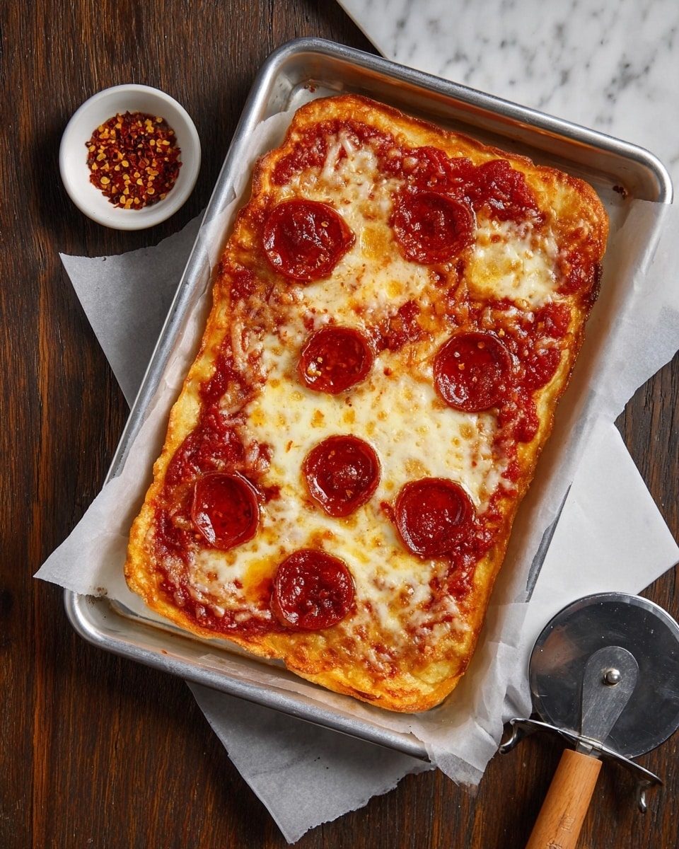 A rectangular pizza rests on white parchment paper in a metal pan, showing one layer of golden brown crust topped with a bright red tomato sauce, a thick layer of melted white and light golden cheese covering most of the surface, and six glossy, round pepperoni slices spaced out evenly on top. Next to the pan is a small white bowl filled with red chili flakes and a metal pizza cutter with a wooden handle on a dark wooden table, all set against a white marbled background. photo taken with an iphone --ar 4:5 --v 7