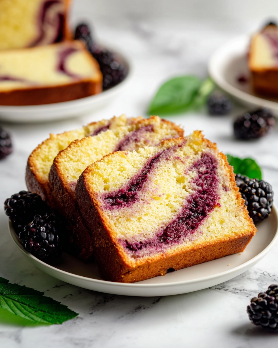 The image shows three slices of yellow cake with swirls of dark purple berry filling inside, stacked slightly overlapping on a white plate. The cake has a golden-brown crust and a soft crumb texture inside. Around the cake on the plate, there are fresh blackberries and a few green leaves for decoration. In the background, there are other white plates with more slices of the same cake, all set on a white marbled surface. The lighting is bright and natural, making the colors of the cake and berries clear and vivid. Photo taken with an iphone --ar 4:5 --v 7
