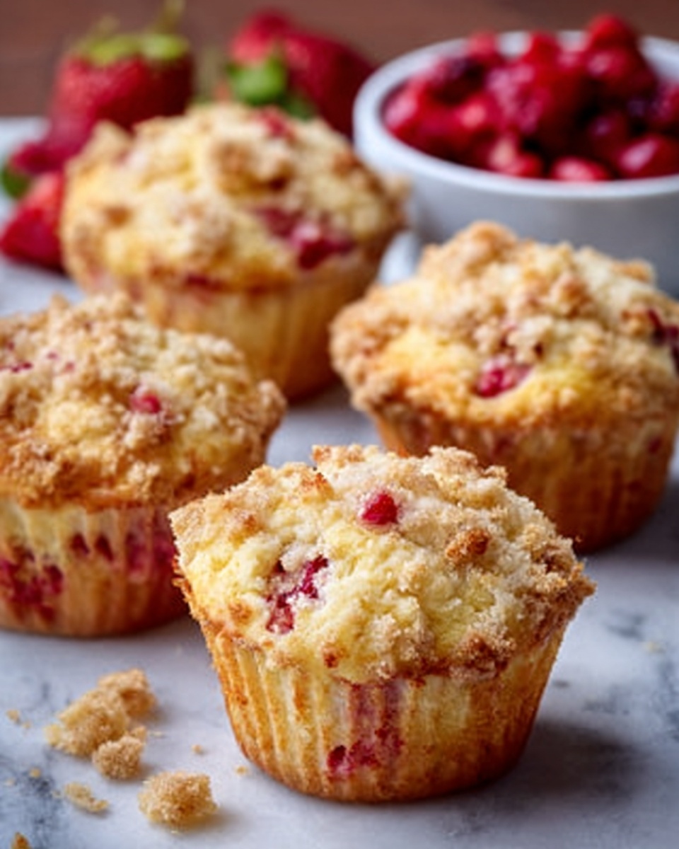 The image shows four muffins with crumb toppings on a white marbled surface. Each muffin has a golden-brown crumb layer on top with some small bits of red fruit peeking through the crumb. The muffins are light yellow in color with visible red fruit pieces inside. One muffin is in the front with crumb pieces scattered around it. There is a white bowl filled with more red fruit in the blurred background. The overall look is fresh, soft, and inviting. photo taken with an iphone --ar 4:5 --v 7