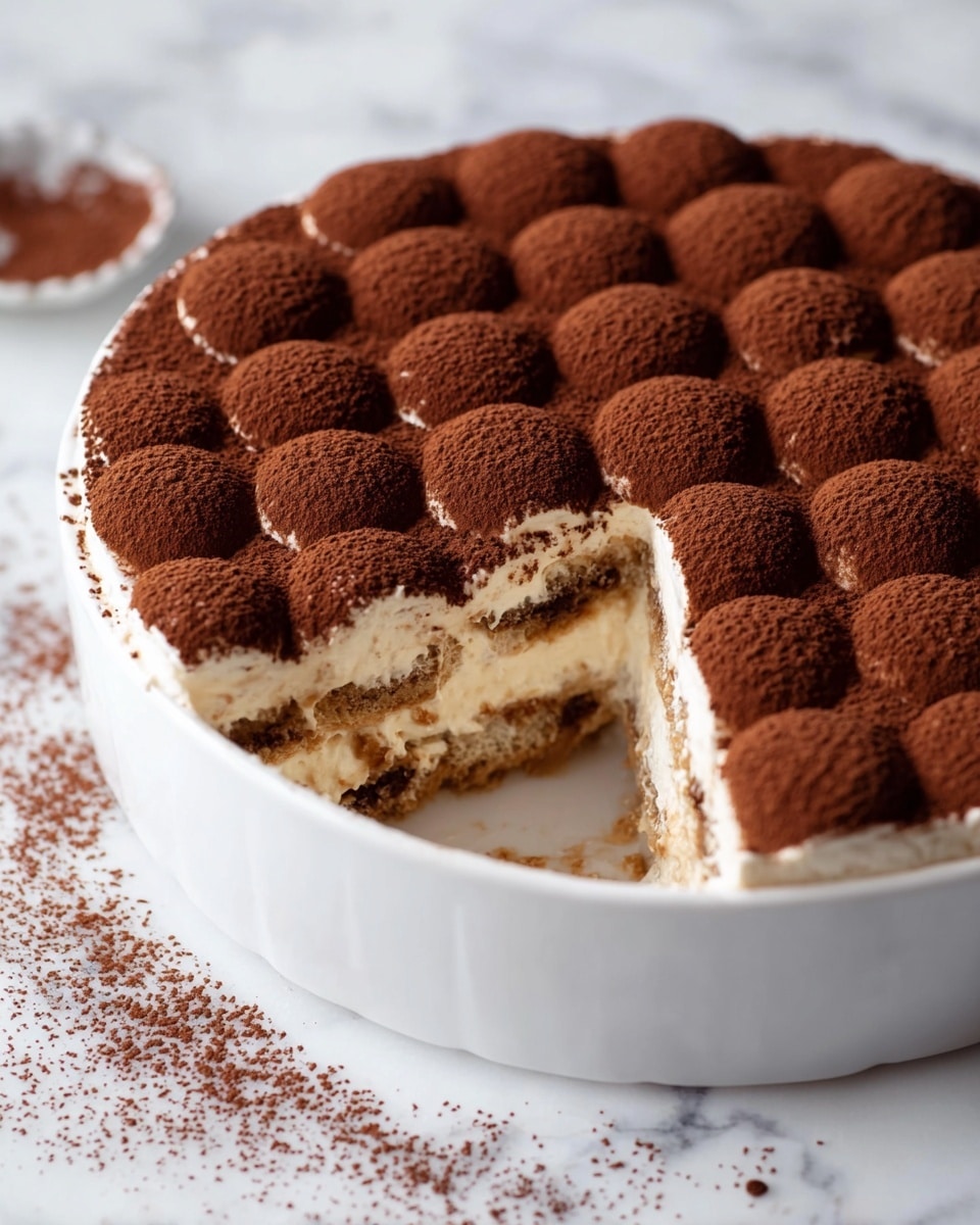 Classic Tiramisu Recipe 5 The image shows a round white dish filled with a layered dessert. It has about four layers, starting from the bottom with a light brown cake soaked in coffee, followed by a creamy light beige layer, then another soaked cake layer, and a thicker creamy layer on top. The top surface is decorated with a pattern of small, even domes all dusted in rich dark brown cocoa powder, giving it a soft texture. A portion is missing from one side, revealing the inside layers clearly. The dish sits on a white marbled surface with some cocoa powder scattered around. Photo taken with an iphone --ar 4:5 --v 7