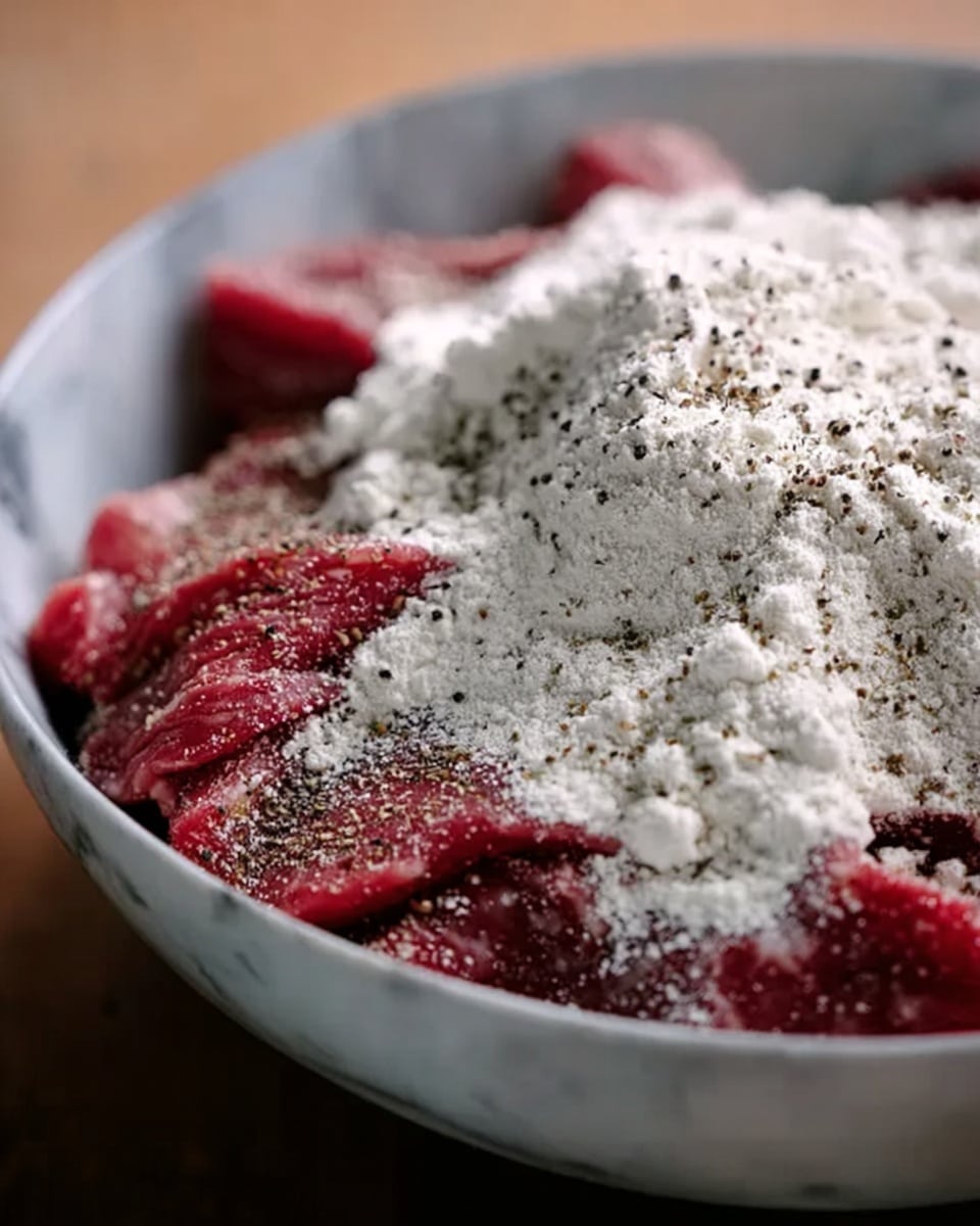 A clear bowl filled with raw thin slices of red meat topped with a thick layer of white flour and sprinkled with coarse black pepper. The white marbled surface underneath adds a clean, bright background to the scene. The textures show the soft meat peeking out from the powdery coating and dark pepper dots scattered unevenly on top. The photo taken with an iphone --ar 4:5 --v 7